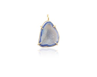 Light Blue Geode Druzy Pendant | Gold Plated Necklace Charm Prong Set Minimalist Connector Charms