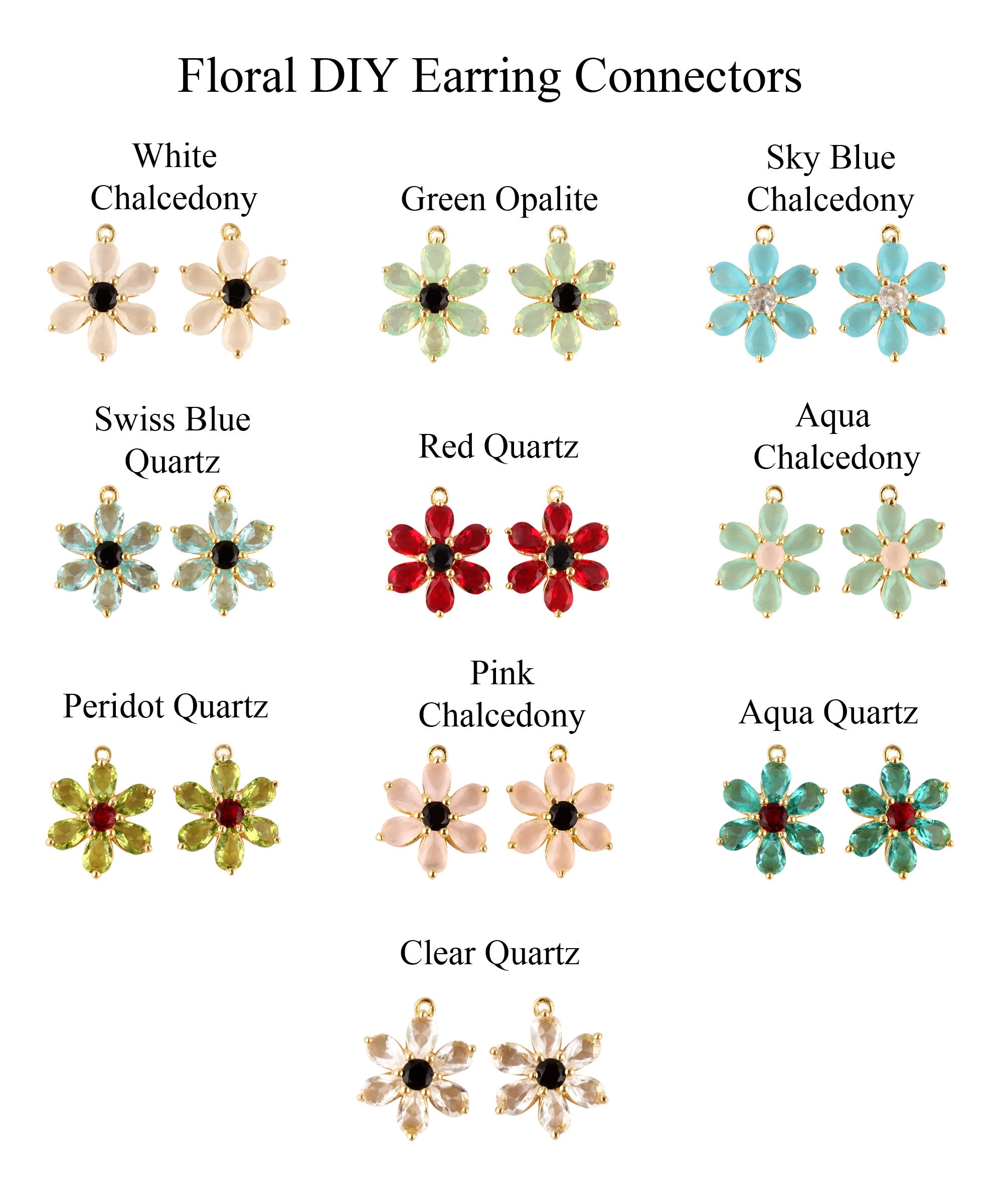 Floral Hydro Quartz Gold Plated Earring Connectors, Gemstone Jewelry Charms