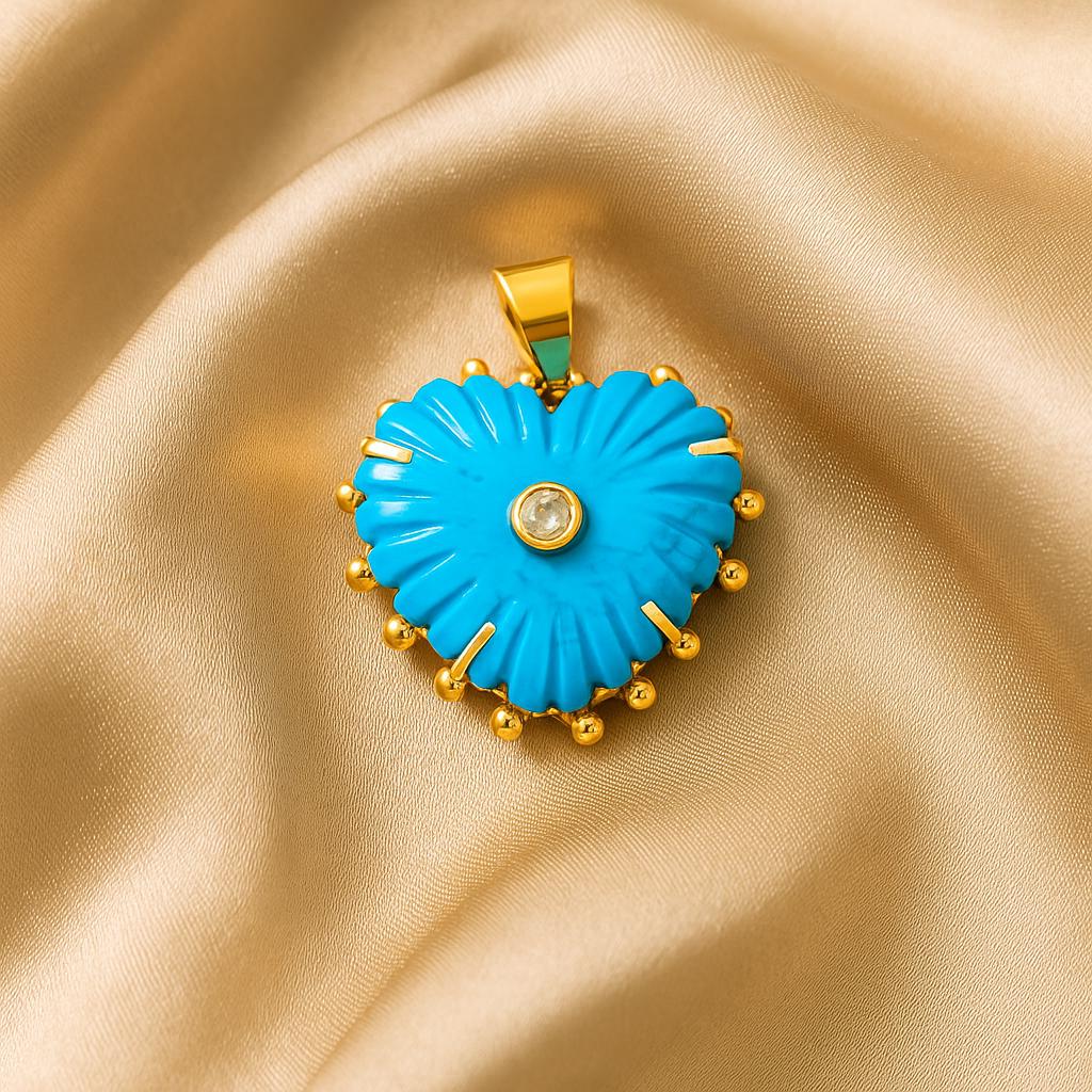Blue Turquoise Heart Pendant Charm, Gold Plated CZ Gemstone Accent Necklace (1 Piece)