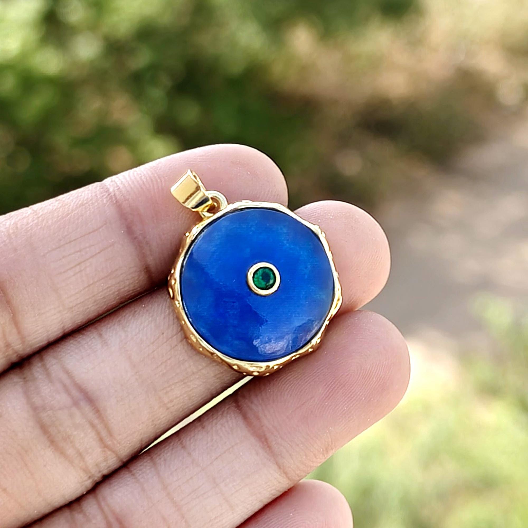 Blue Jade Round Pendant, Gold Plated Emerald CZ Charm, Natural Gemstone