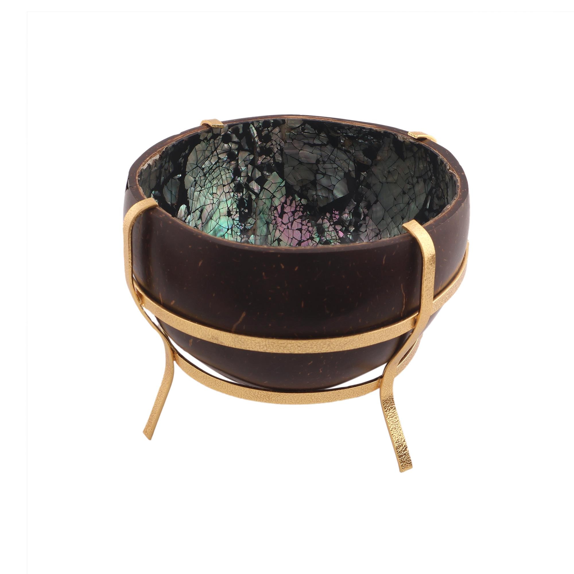 Abalone Inlay Coconut Shell Bowl, Gold Plated Brass Stand