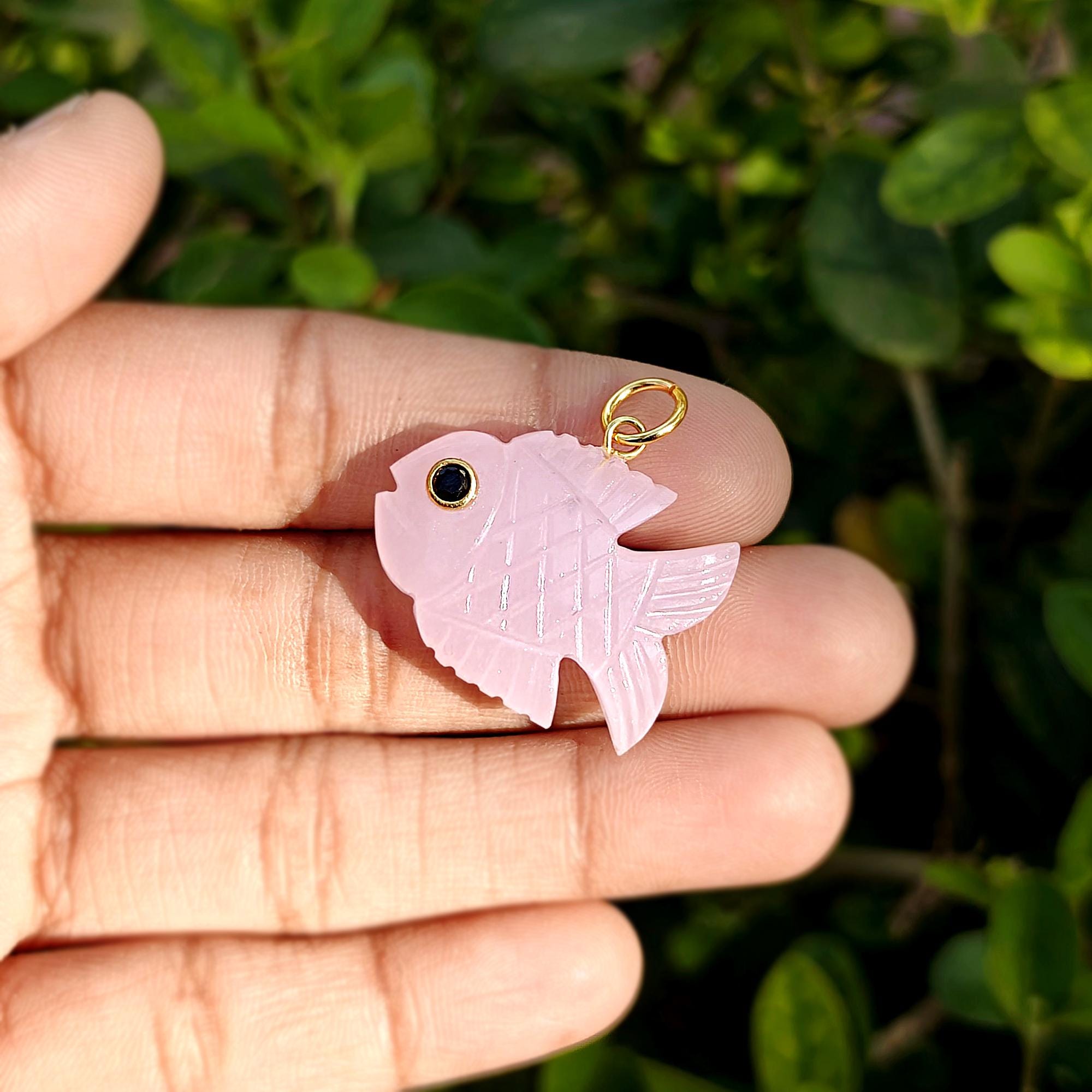 Pink Chalcedony Fish Pendant with Black CZ Eye
