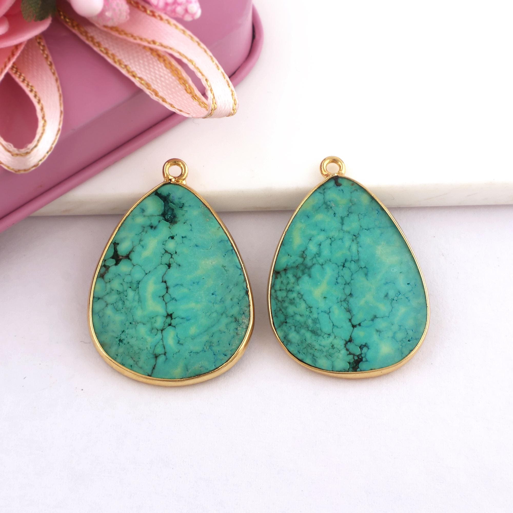 Tibetan Turquoise Earring Connectors, Gold Plated Bezel Set Pair