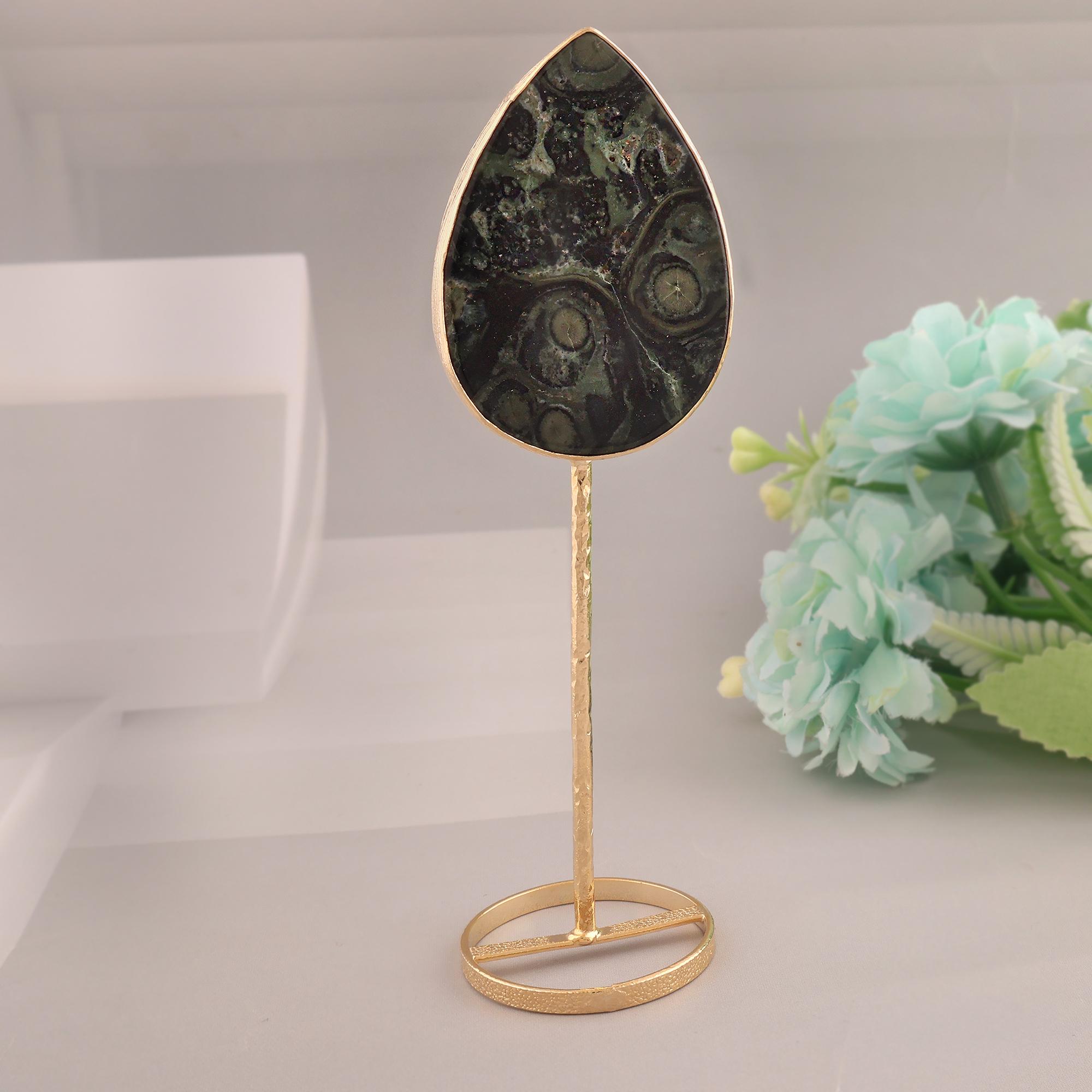 Kambaba Jasper Gemstone on Gold Plated Stand, Crocodile Jasper Crystal