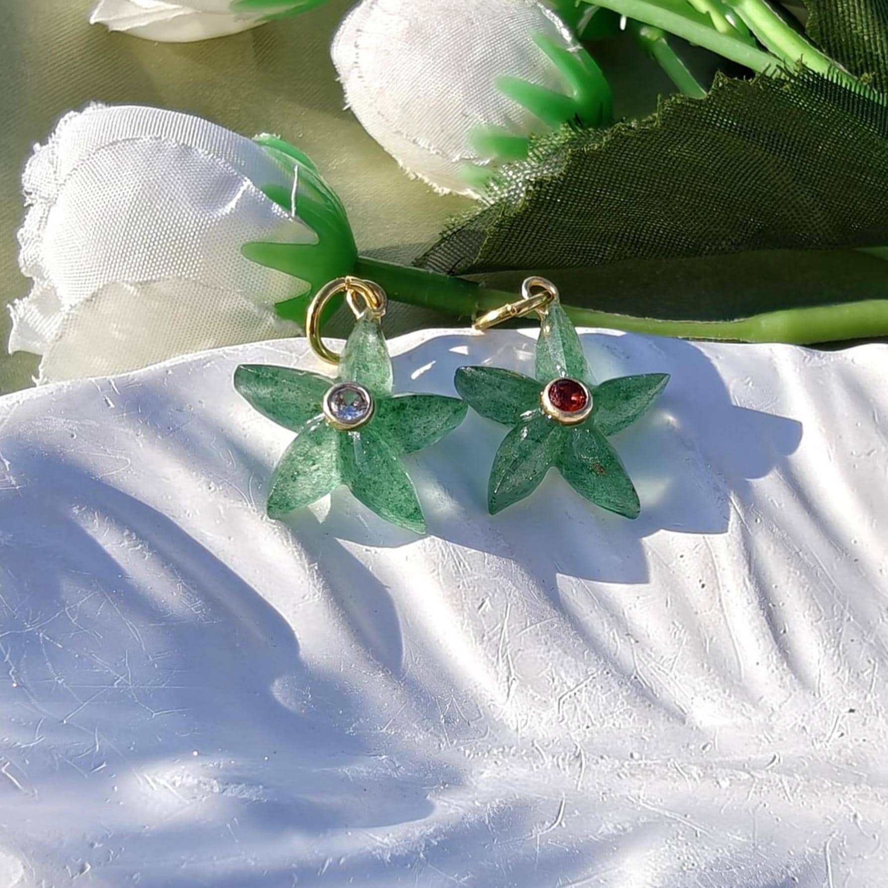 Starfish Green Strawberry Quartz Pendant Charms, Gold Plated CZ