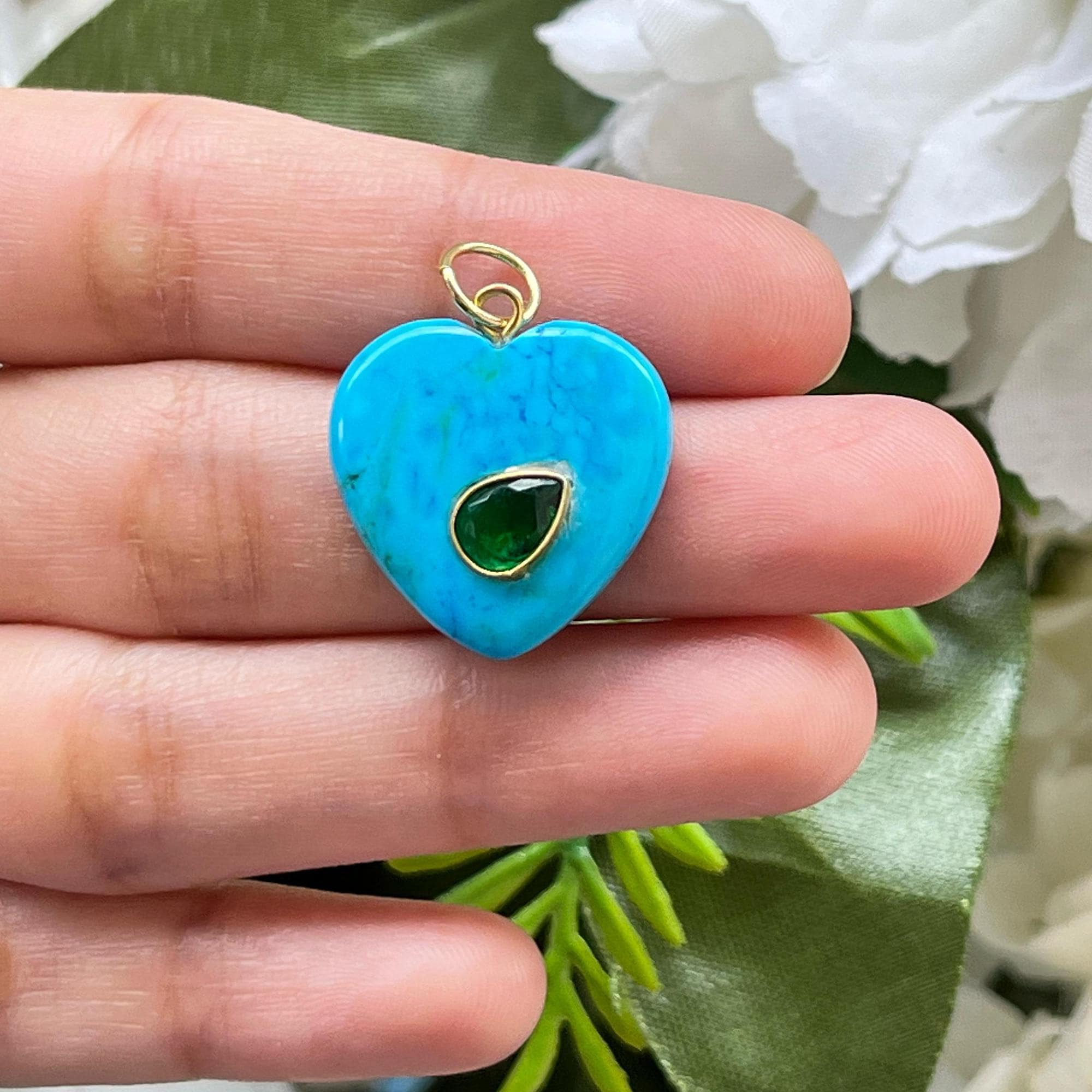 Turquoise Heart Pendant with Emerald Quartz, Gold Plated Jewelry Necklace Connector