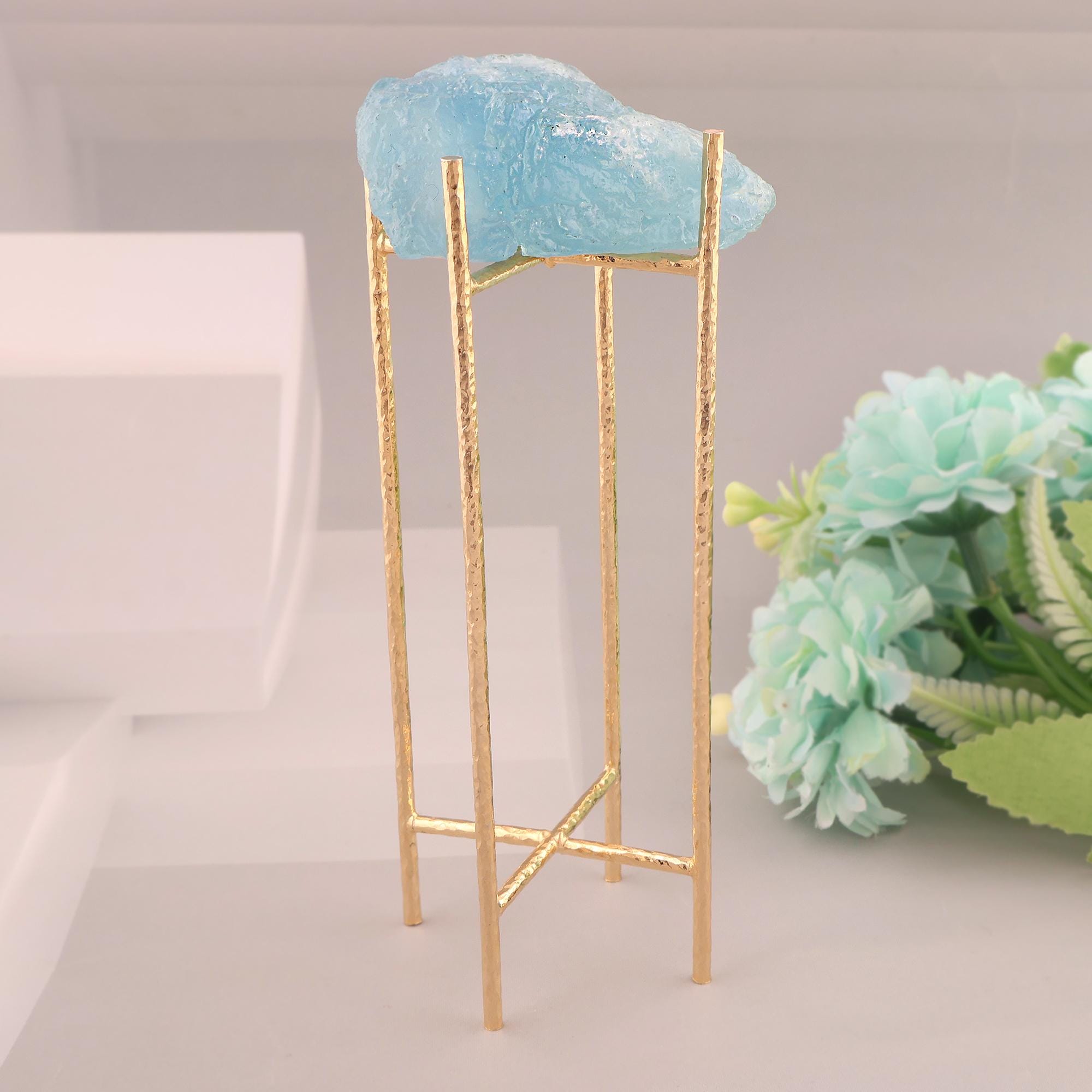 Natural Raw Aquamarine Crystal on Gold Stand, Home Decor