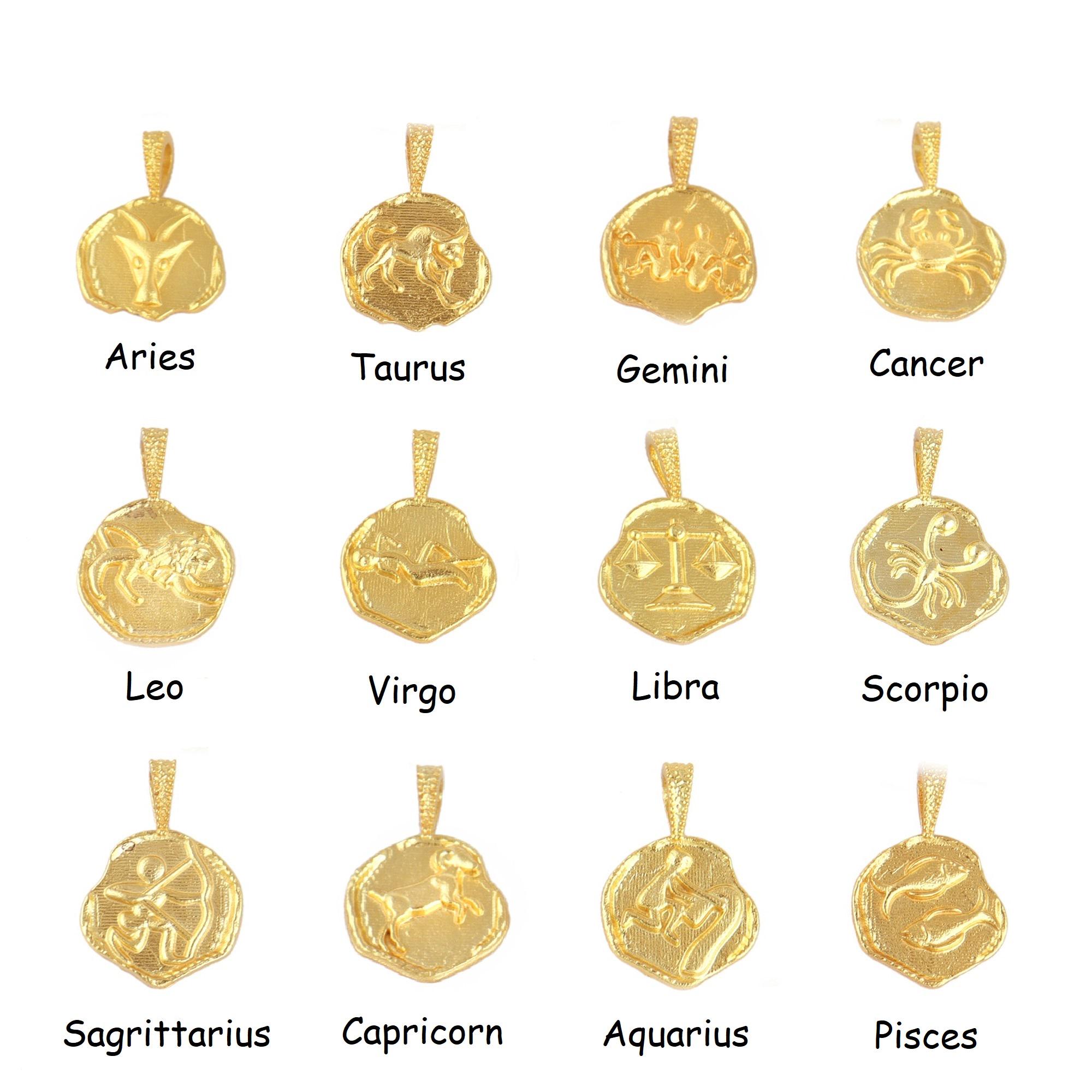 Gold Plated Zodiac Sign Pendant, Brass Charm