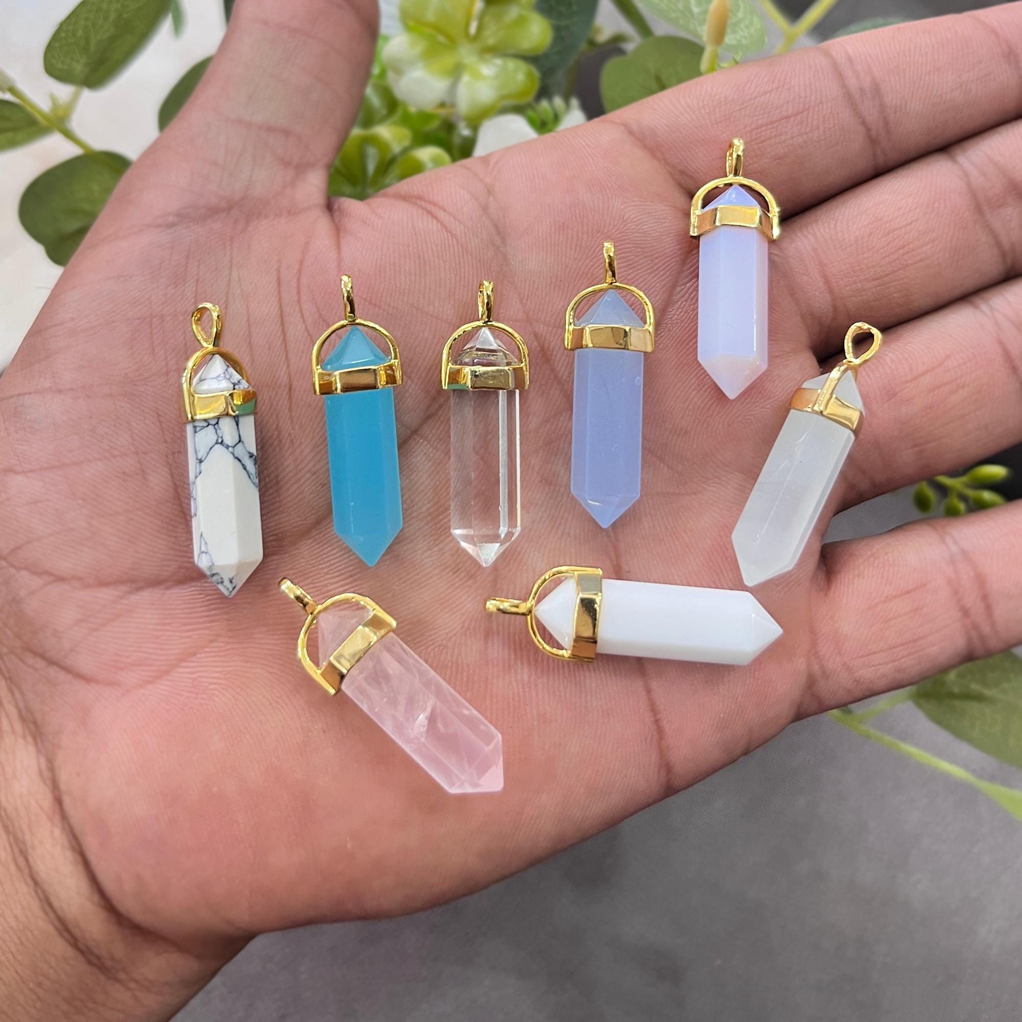 Gold Plated Quartz Pencil Pendant, Chalcedony, Rose Quartz