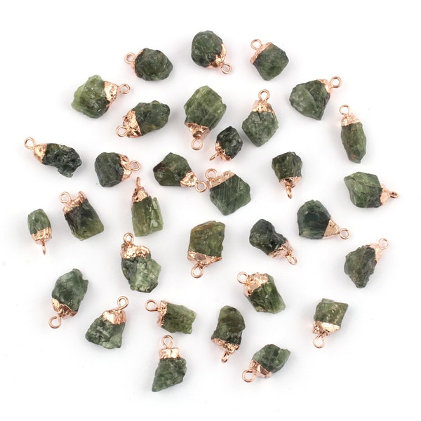 Natural Rough Green Sapphire Rose Gold Plated Connectors, Raw Green Sapphire, 9mm To 16mm Green Sapphire, DIY Pendant Green Sapphire Charms