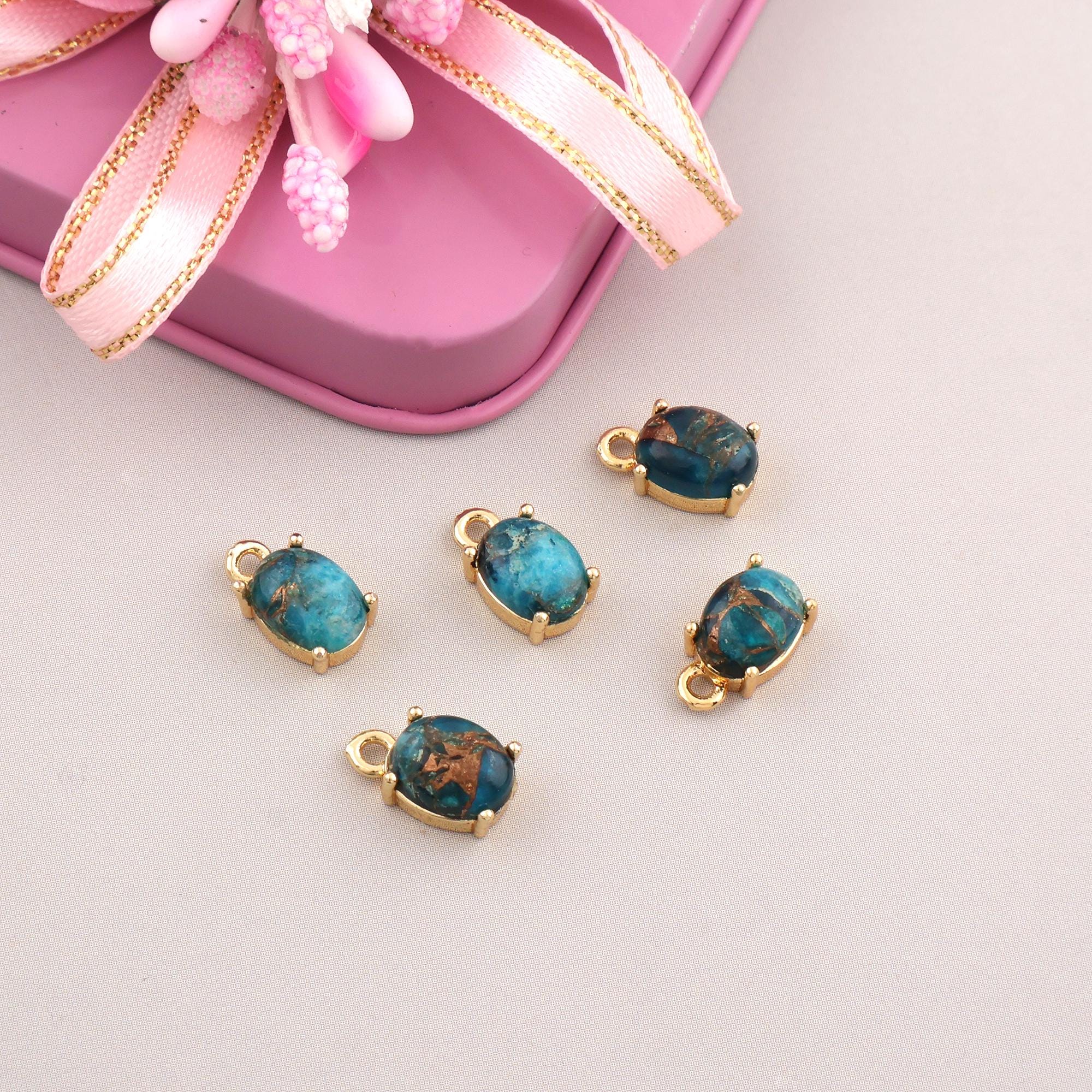Apatite Mohave Turquoise Connectors, 6x8mm Oval Prong Charms Gold Plated