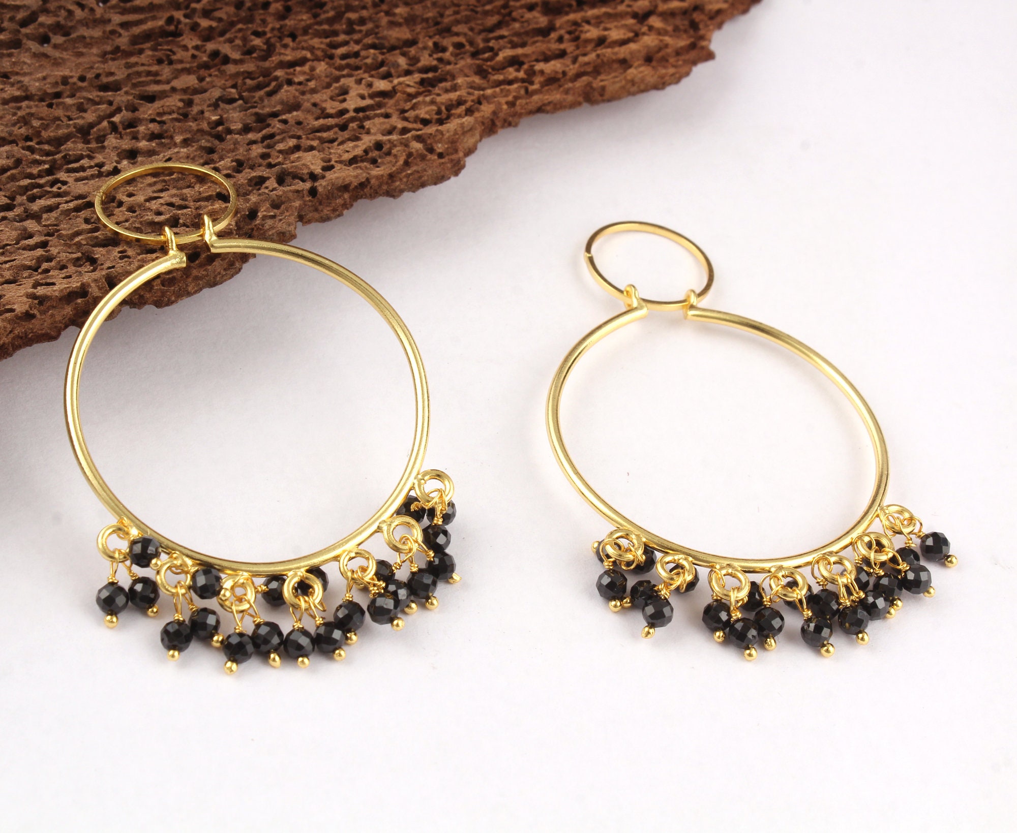 Gold Plated Hoop Earrings Tiny Zircon, Black Spinel Charms Connector Jewelry