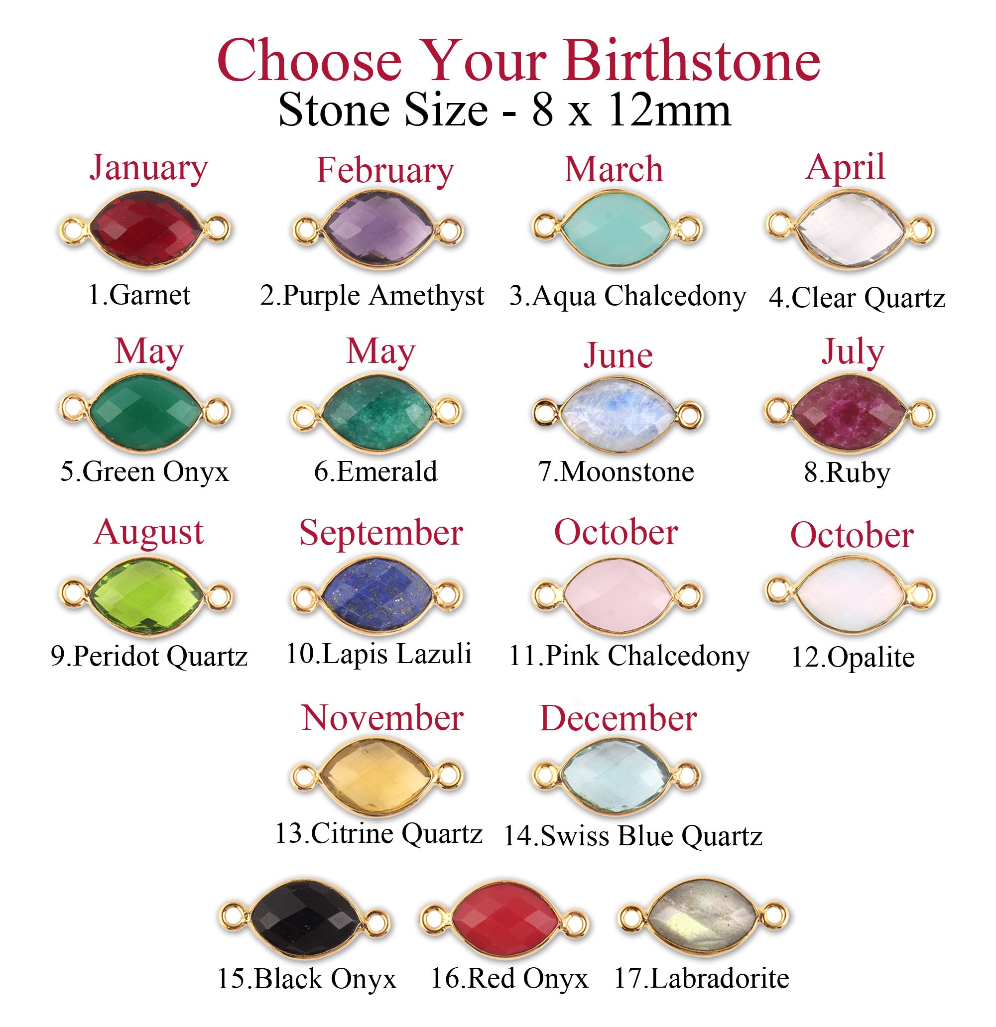 8x12mm Marquise Birthstone Double Bail Connector, Gold Plated Bezel Gemstone Charm