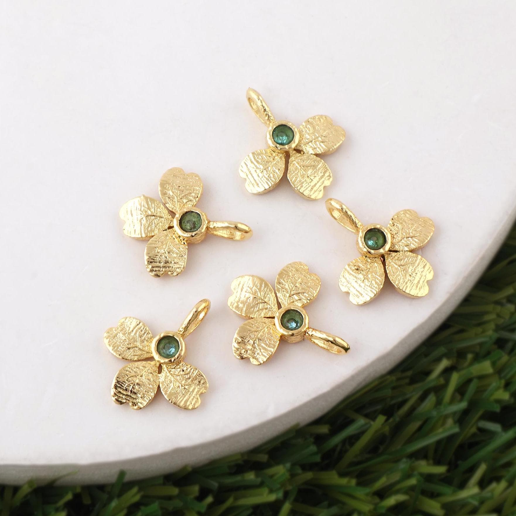 Tiny Round Aqua Quartz Flower Pendant Charm Brass Gold Plated Connector For