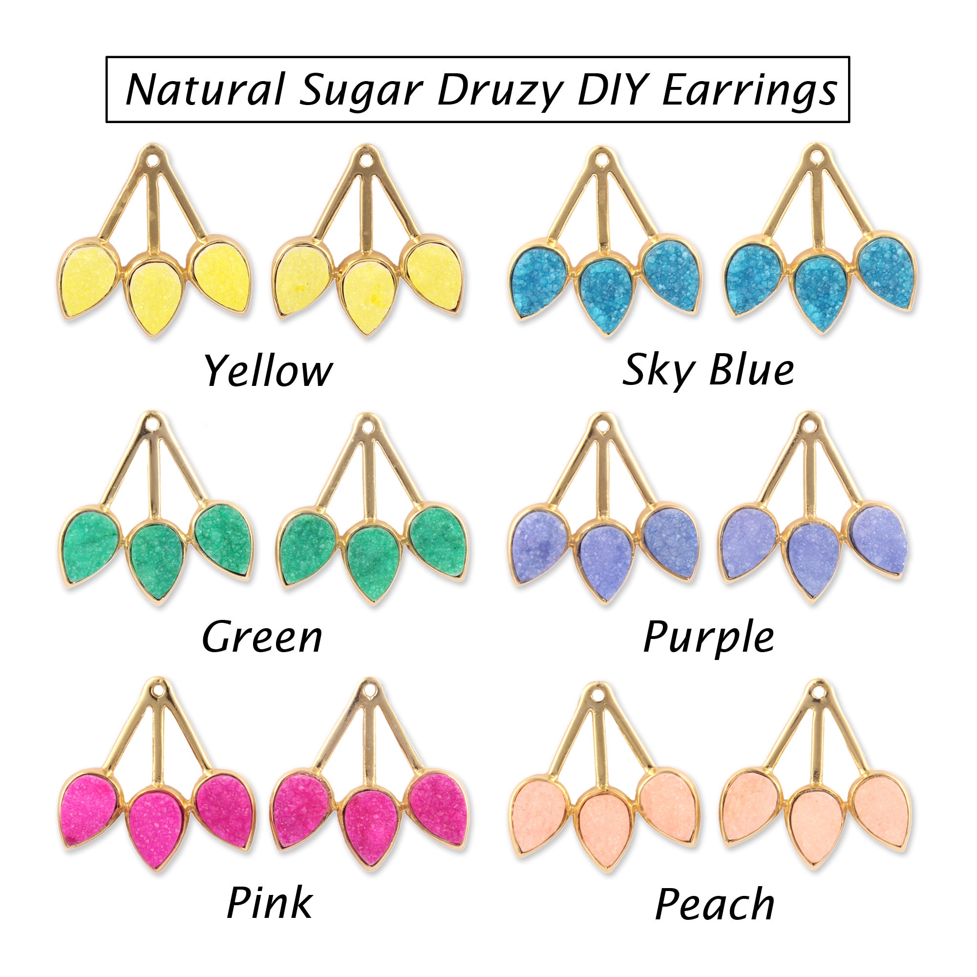 Sugar Druzy Earring Connector, Gold Plated Brass Pear Stone