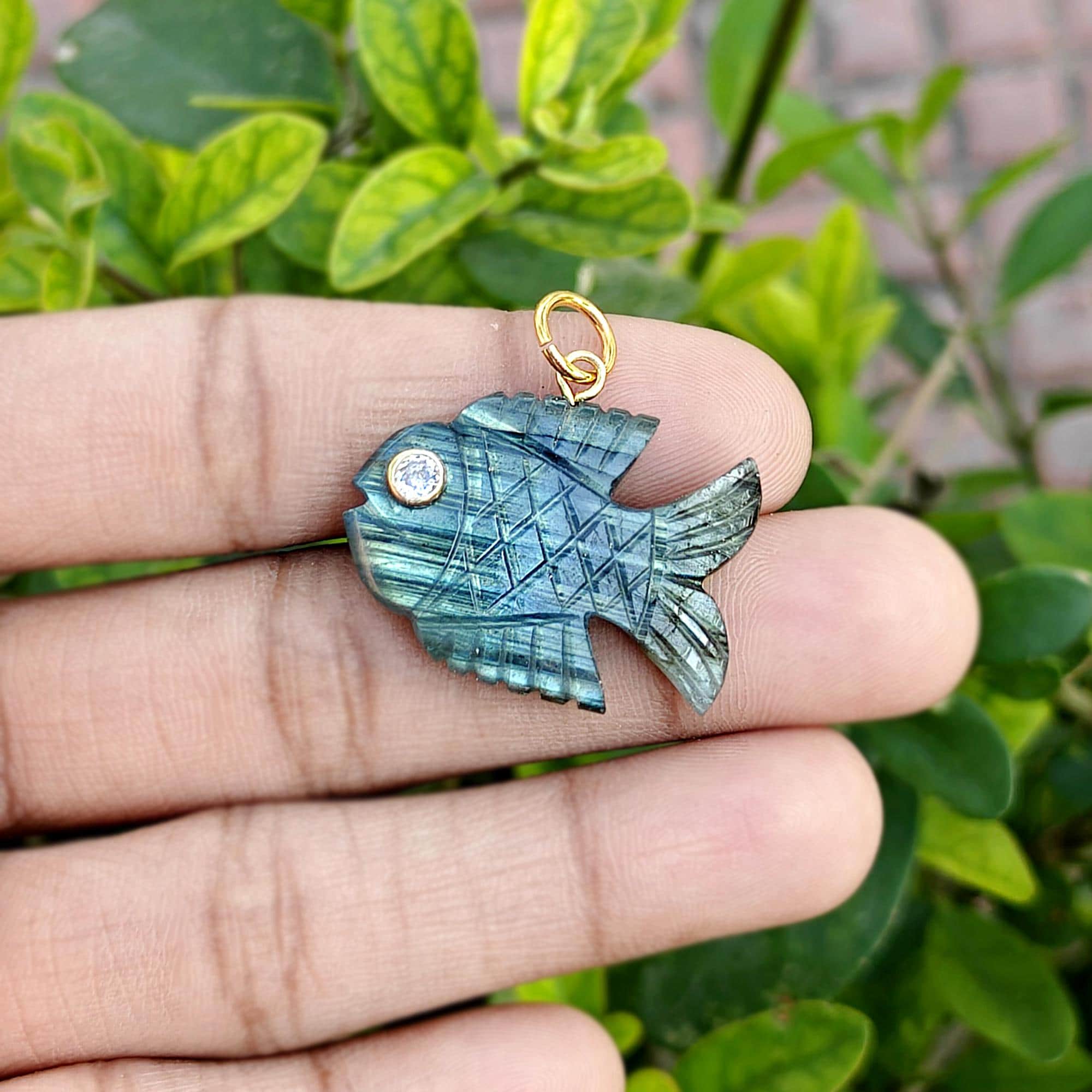 Natural Labradorite Fish Pendant with White CZ Eye