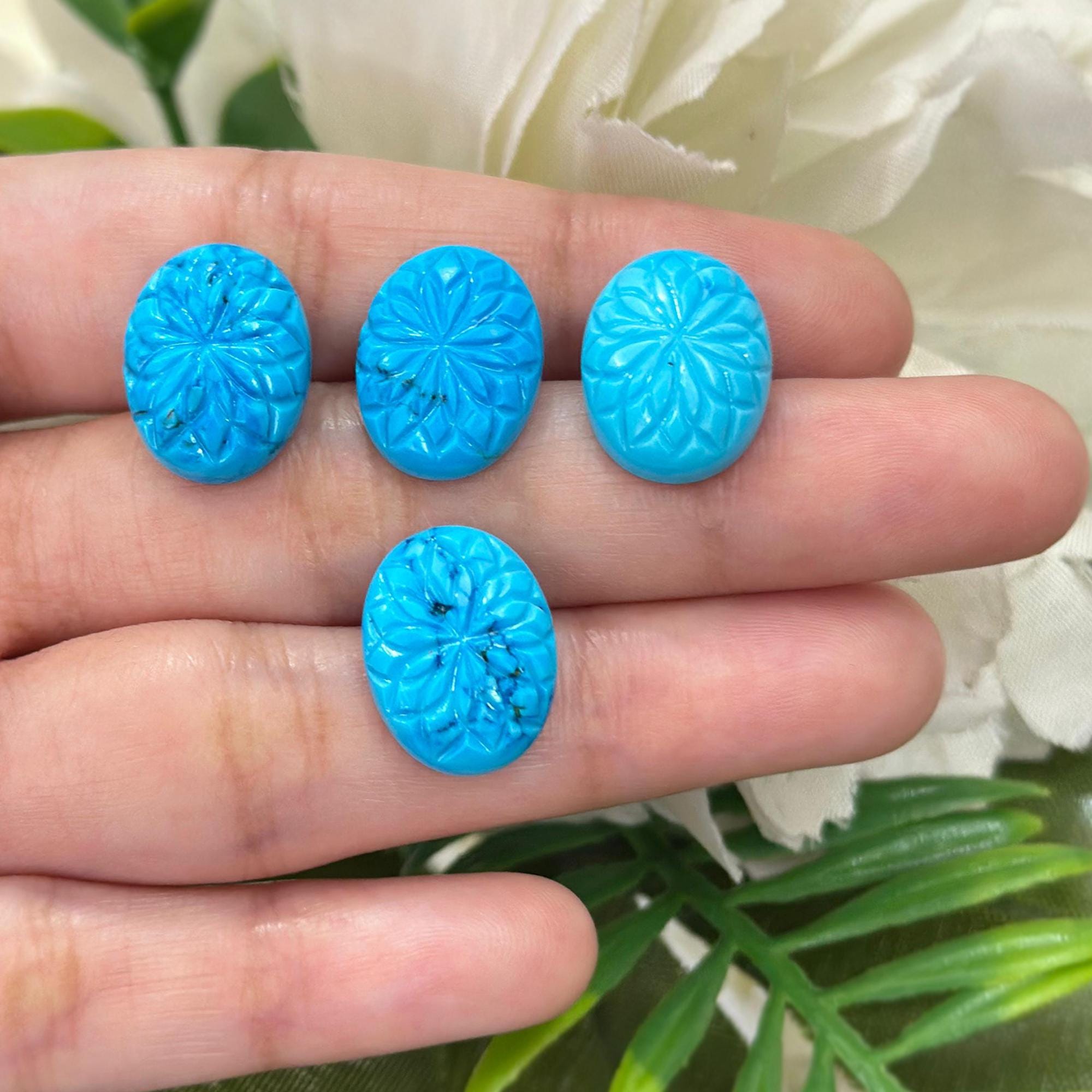 Carved Gemstone 12x16mm Oval Shape Flower Carving Lapis