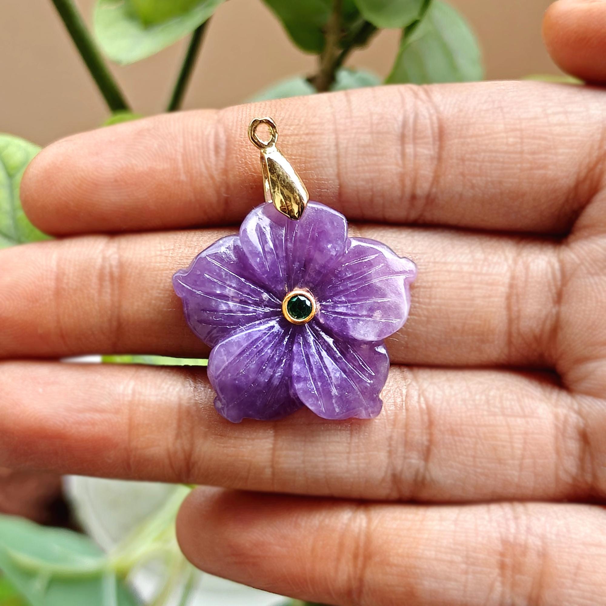Carved Amethyst Flower Pendant with Emerald CZ, Gold Plated Bail