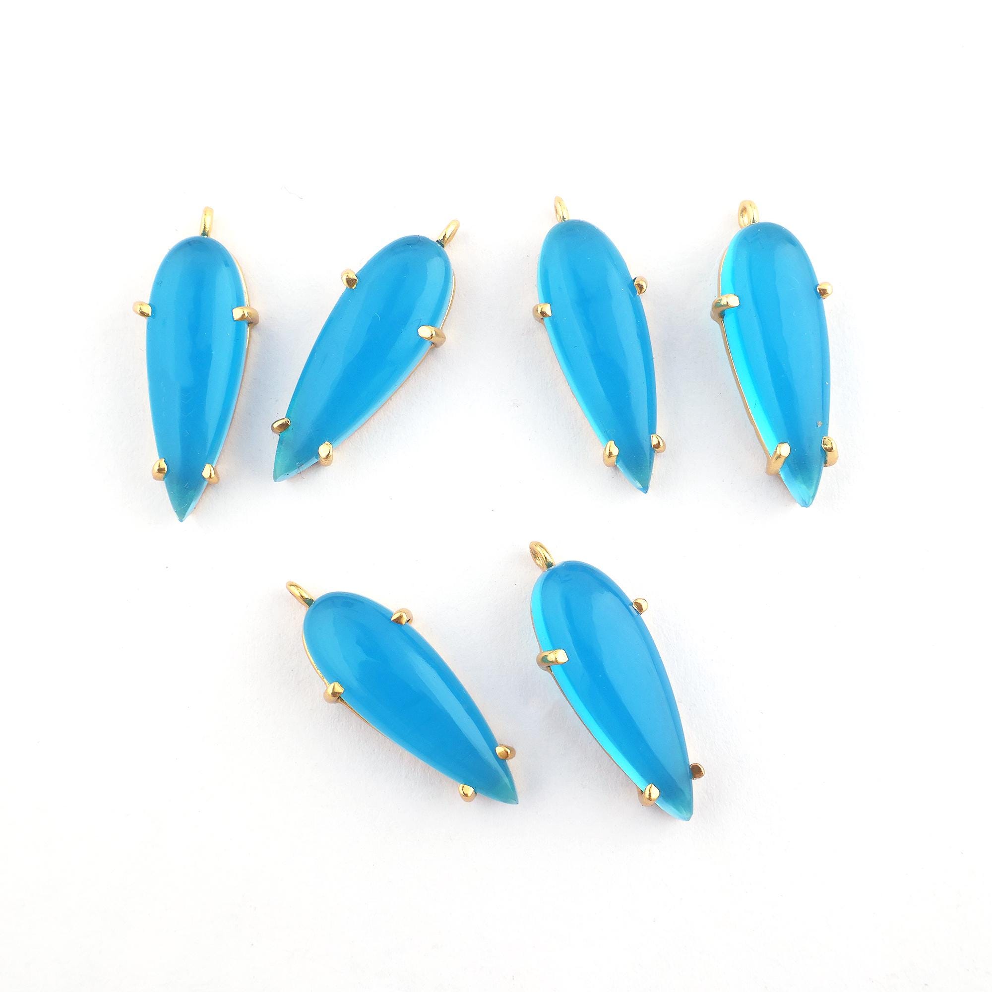 Blue Chalcedony Pear Cabochon Earring Connectors, Onyx Gemstone Gold Plated