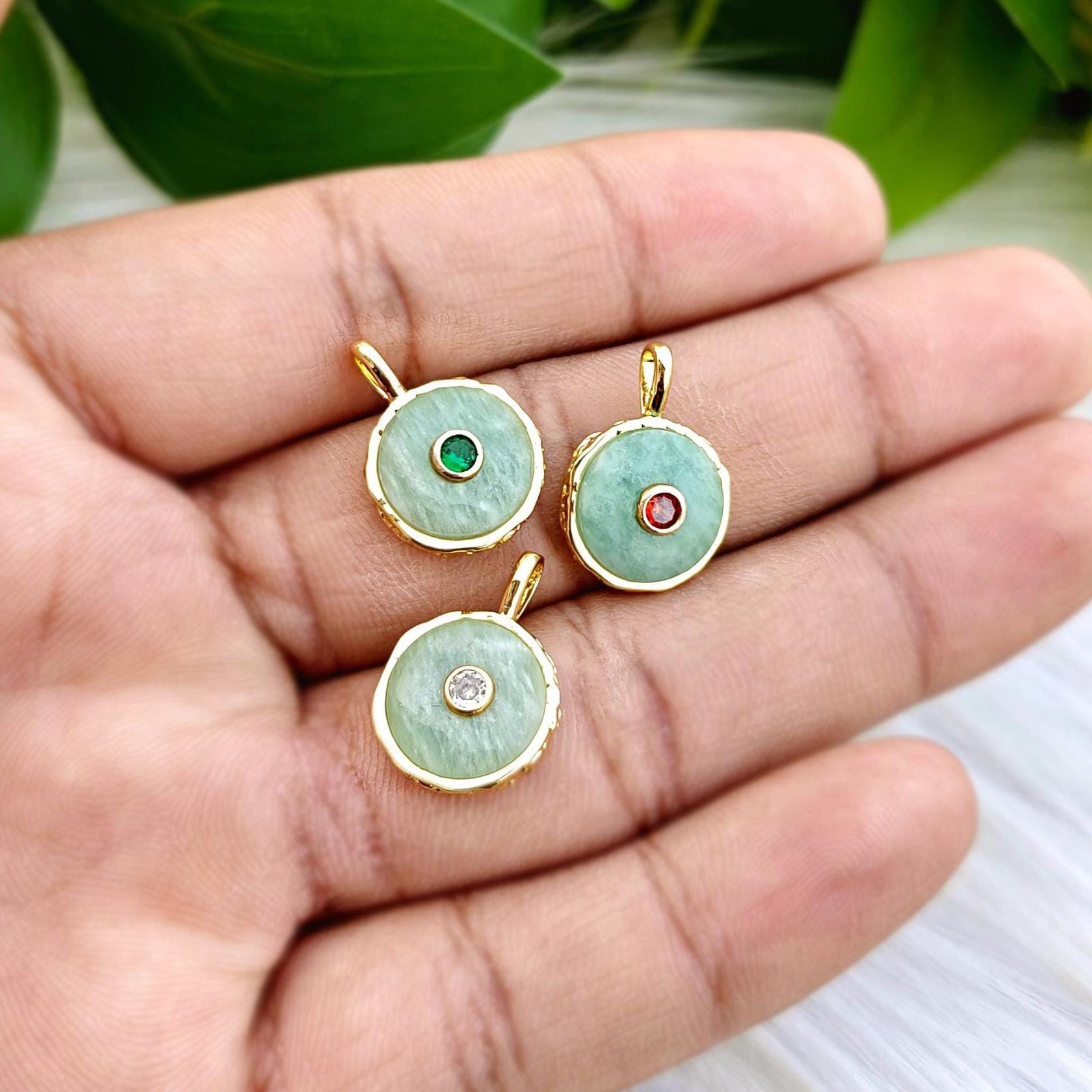 Natural Amazonite with CZ Pendant Charms, Gold Plated Round Gemstone Necklace