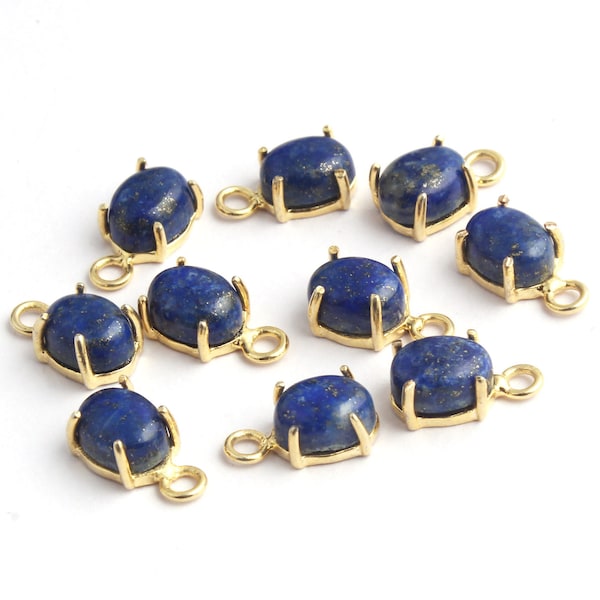 Natural Lapis Lazuli Pendant Charm: 6x8mm Oval Cabochon Prong Set Gold Plated Jewelry Finding