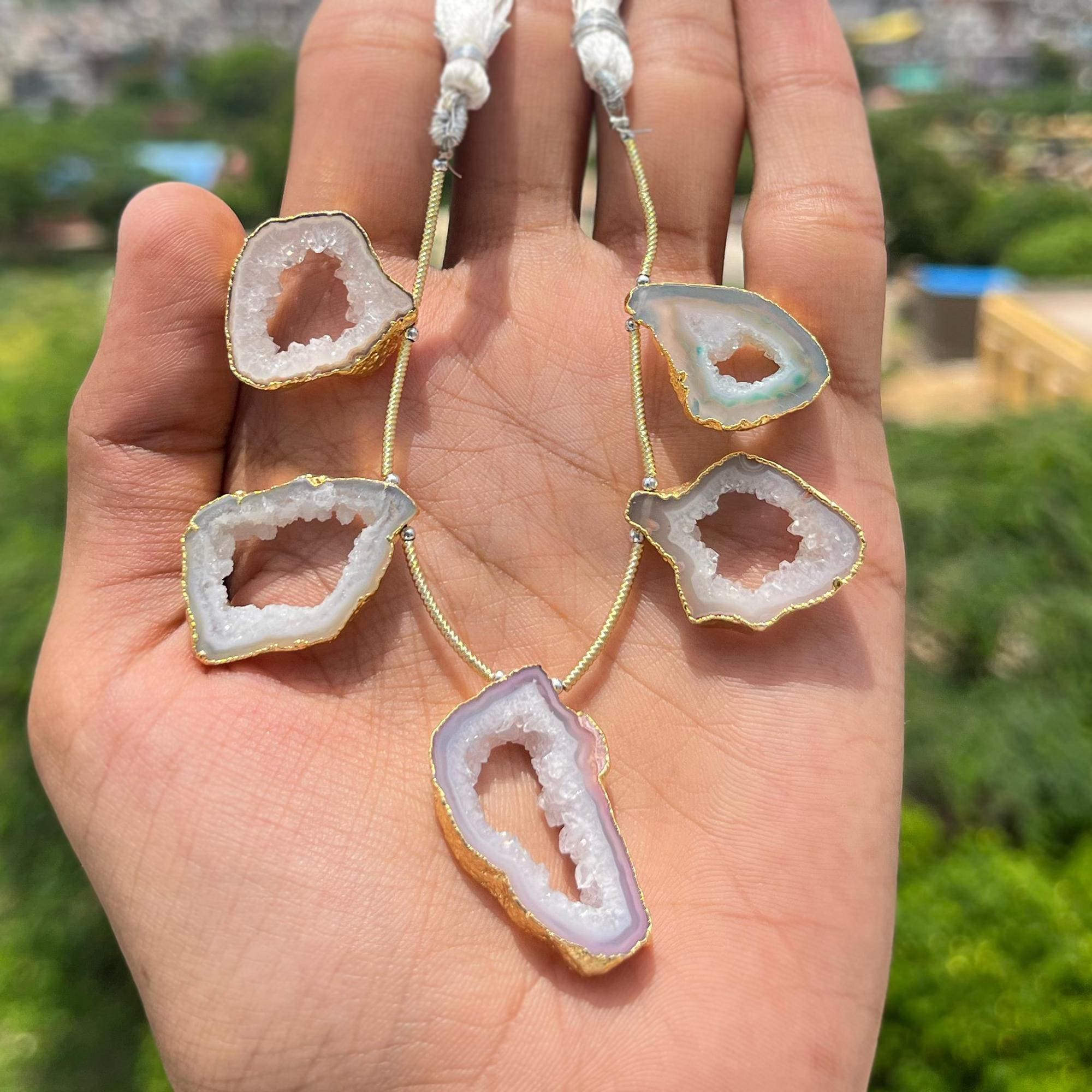 Natural Geode Slice Connector Beads, Peach Druzy Gold Electroplated Jewelry Charms