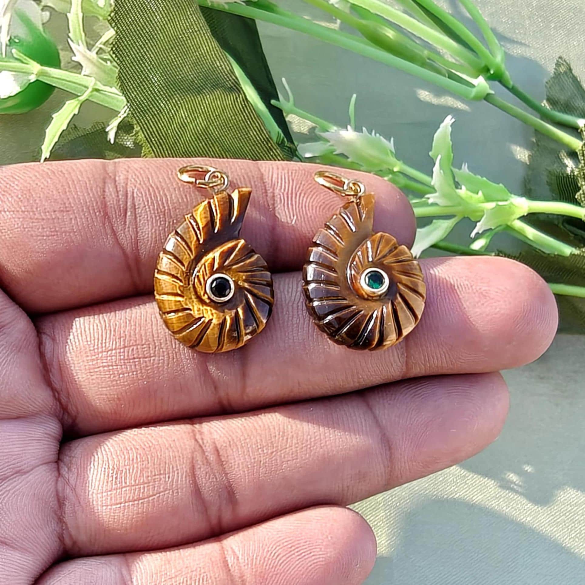 Natural Tiger Eye Ammonite Carved Pendant Charms, Tiny Emerald