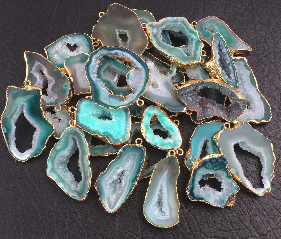 Geode Connector Green Geode Slice Gold Plated Edge Etsy