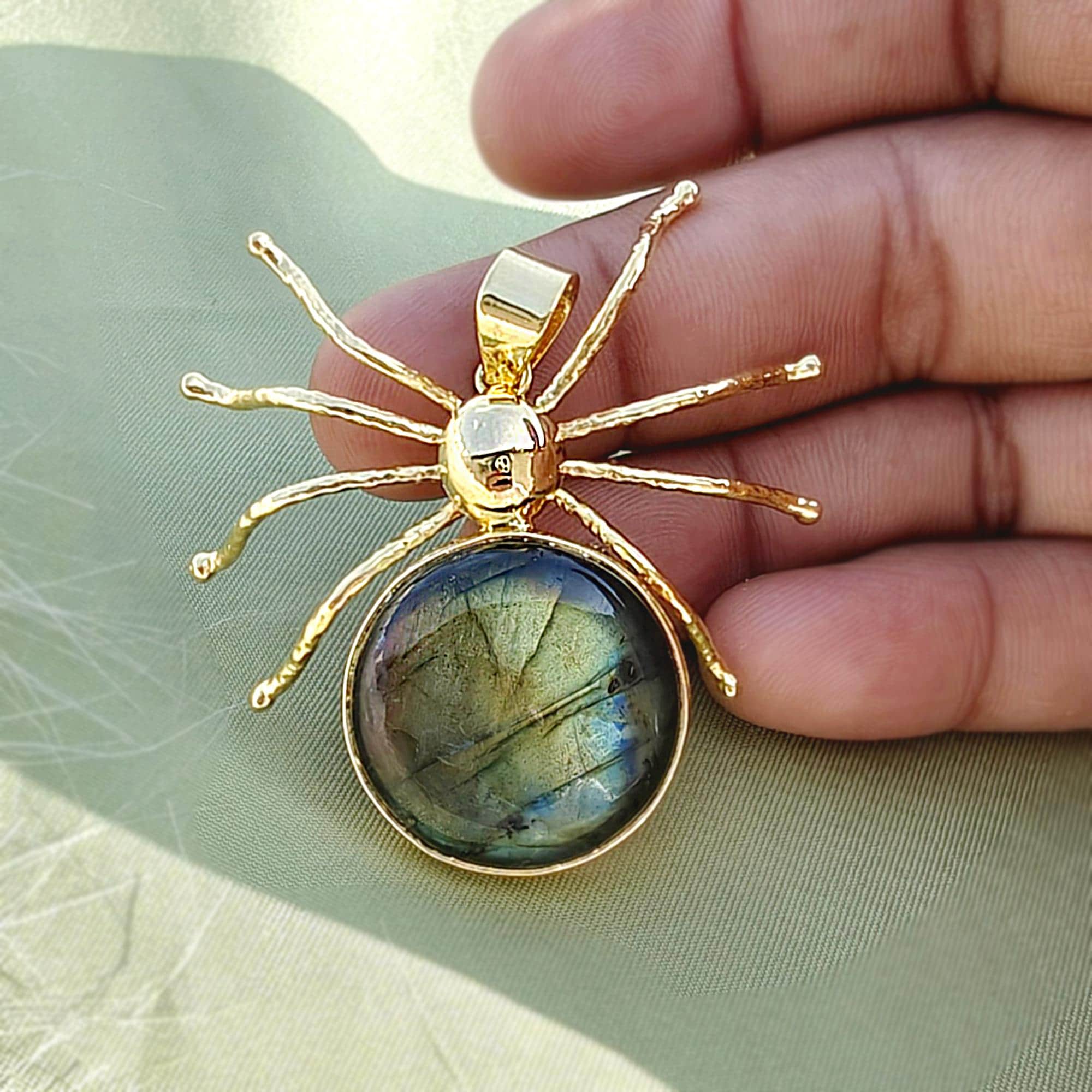 Labradorite Spider Pendant Necklace Gold Plated Gothic Jewelry