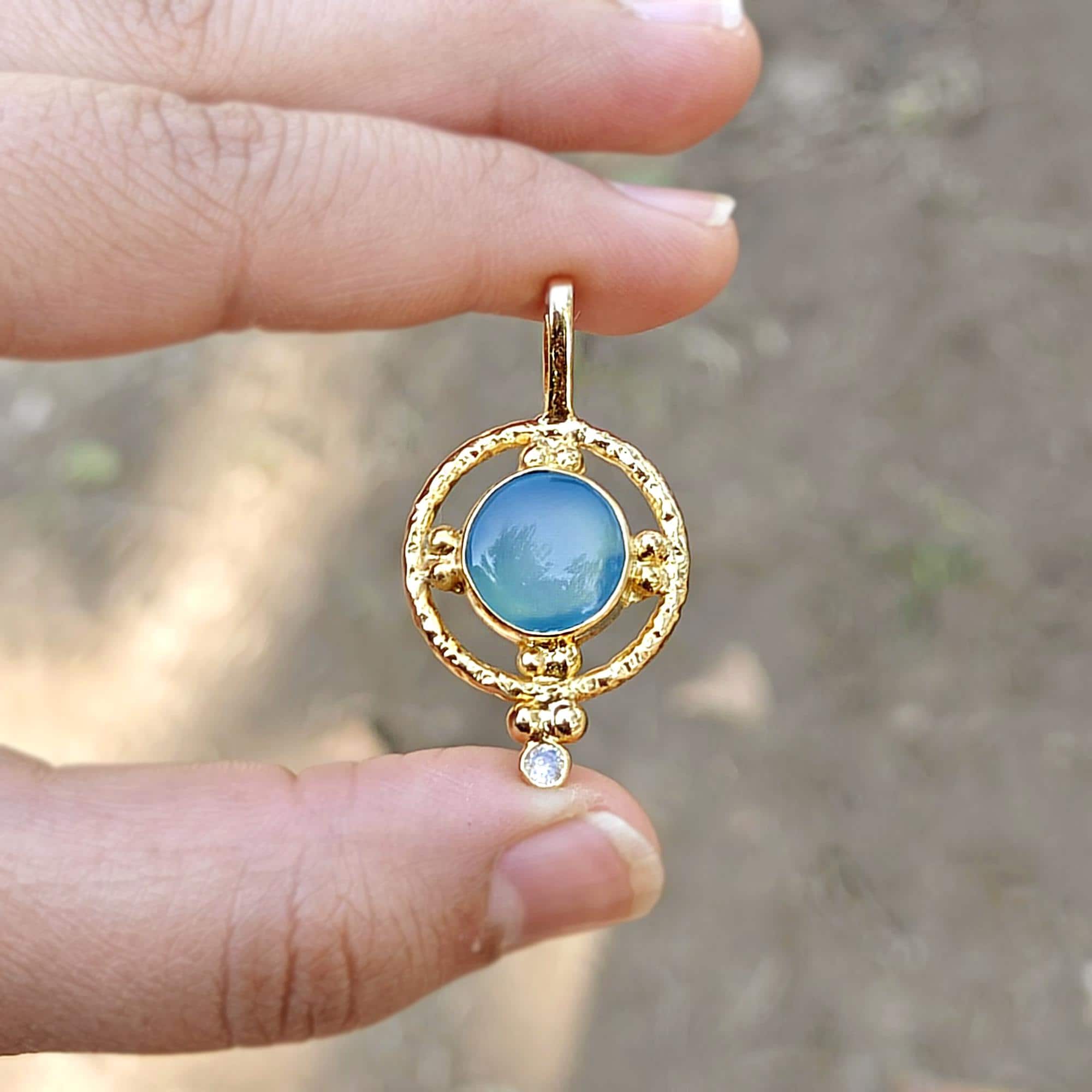Sky Blue Chalcedony Pendant with White CZ Accent Gold Plated Designer Necklace