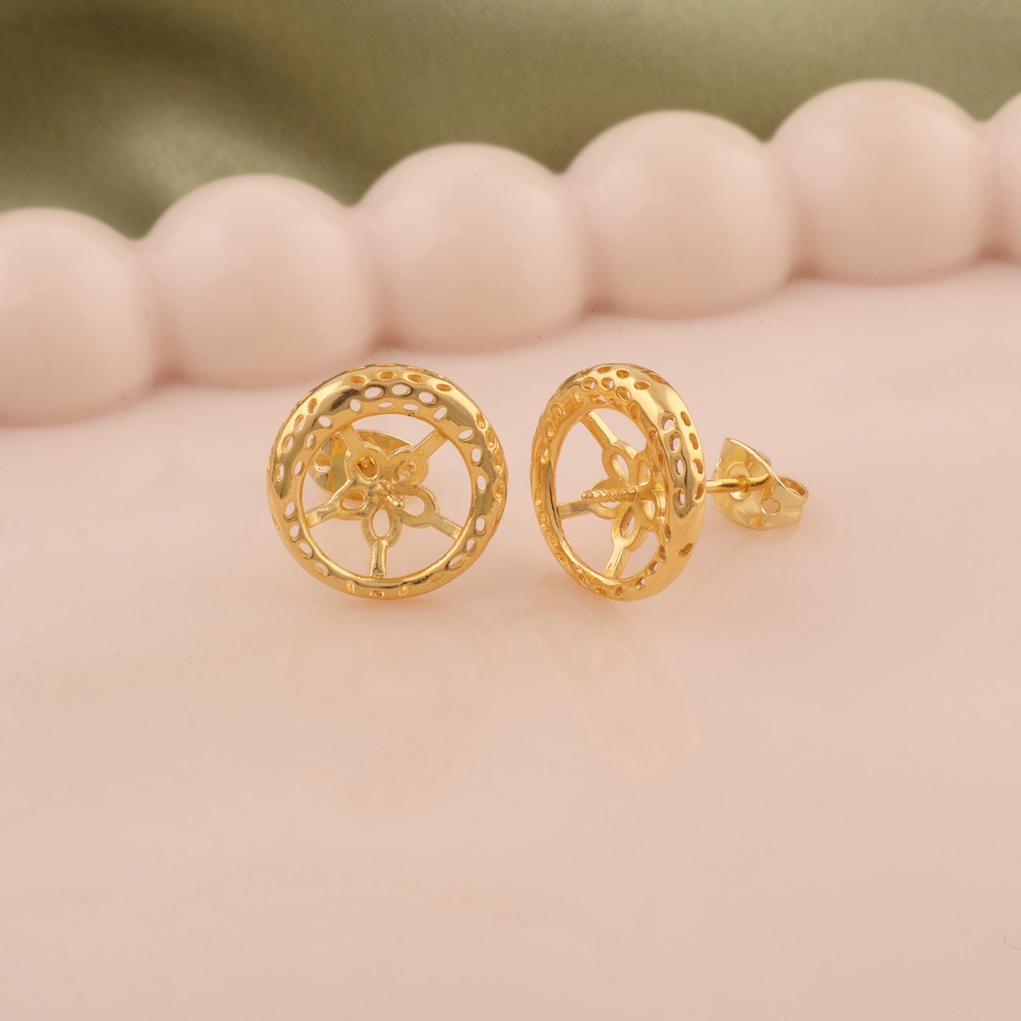 Gold Plated Flower Earring Post for Half Drilled Pearls, Cup Post with Notch