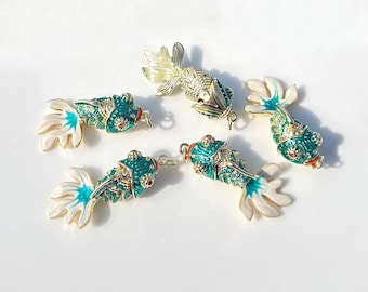 Apatite Green Cloisonne Enamel Koi Fish Pendant, Articulated Gold Plated Movable Fish Charm
