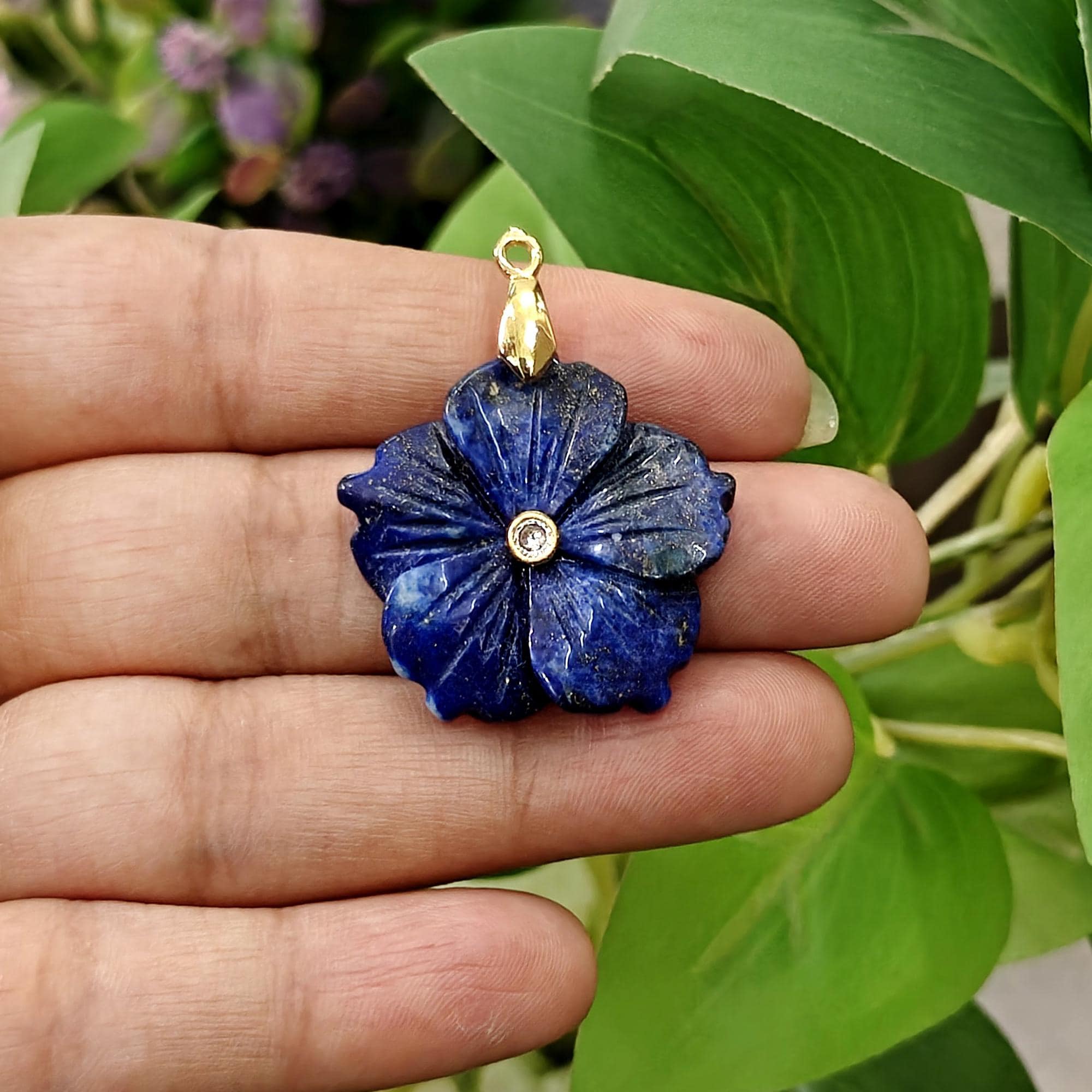 Carved Lapis Lazuli Flower Pendant, Gold Plated Brass, White CZ Accent (28mm)