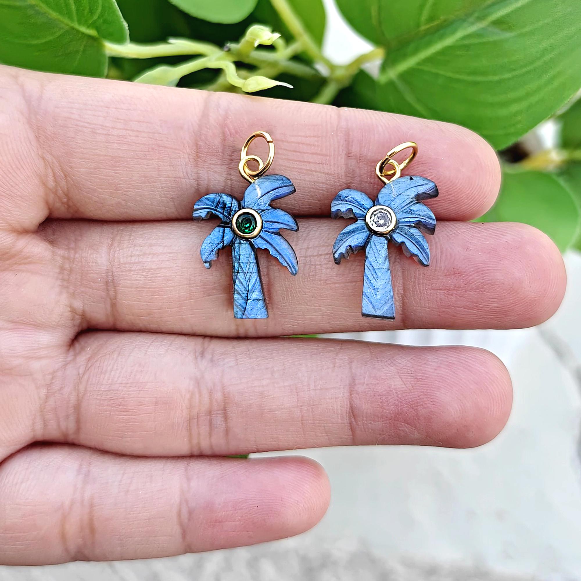 Natural Flashy Labradorite Coconut Palm Tree Carved Gemstone Pendant Charms Necklace