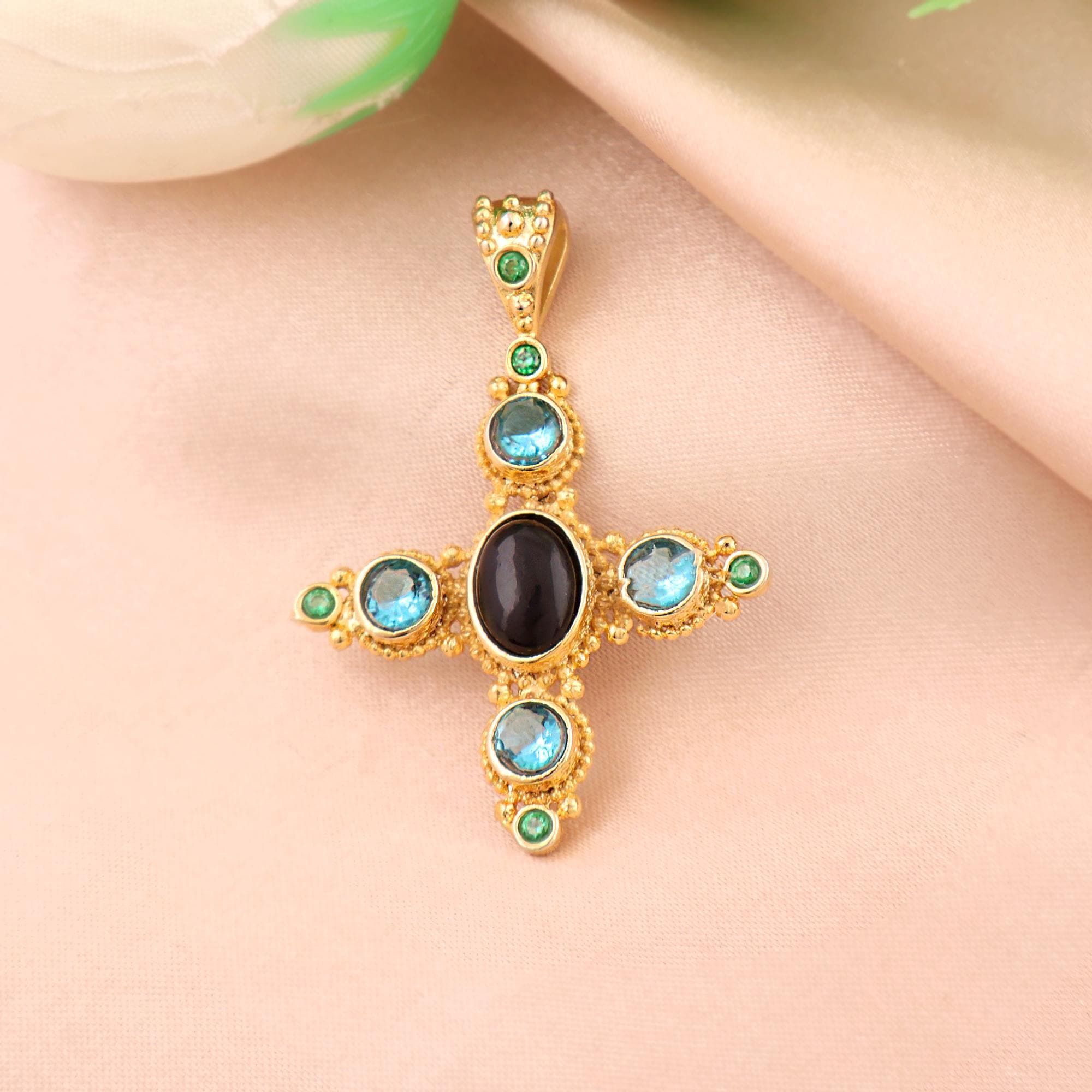 Black Onyx Gold Plated Cross Pendant Blue Quartz