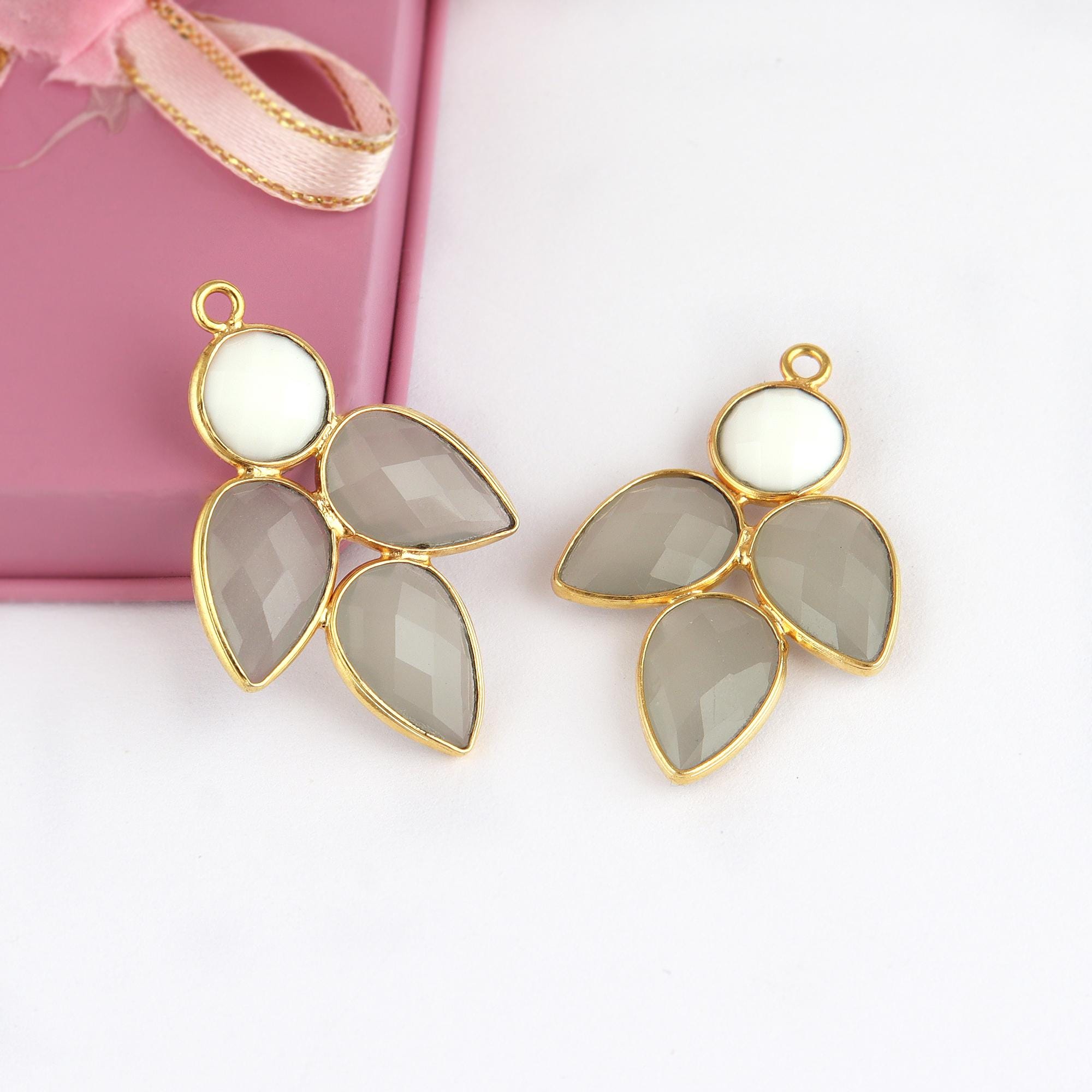 Gold Plated Flower Leaf Chalcedony Earring Charms, Bezel Set Connector