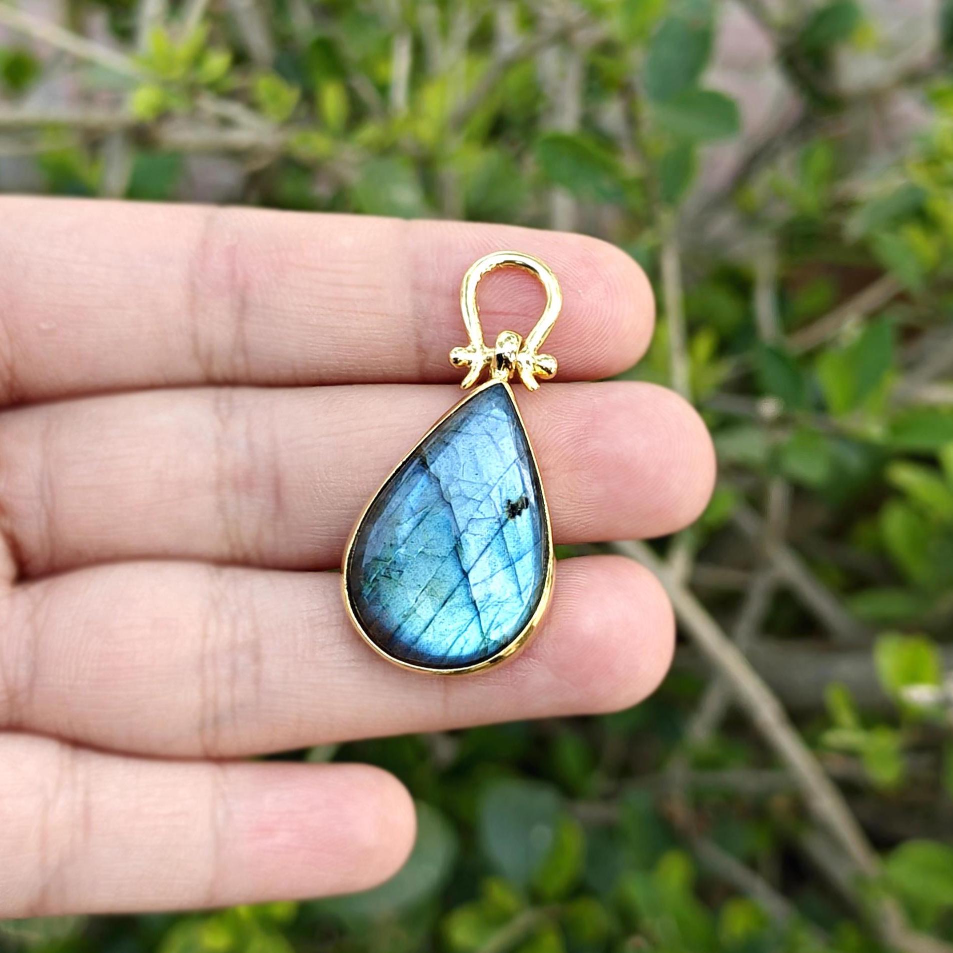Natural Labradorite Pear Pendant, Gold Plated Gemstone Necklace Connector