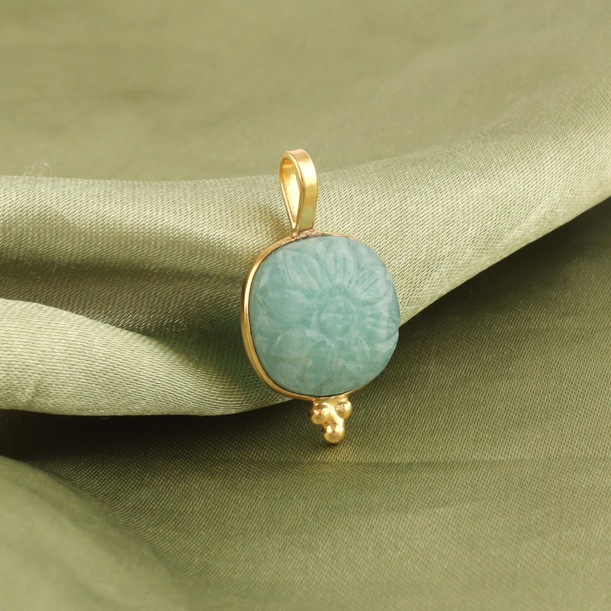 Amazonite Cushion Carved Flower Gemstone Pendant Charm