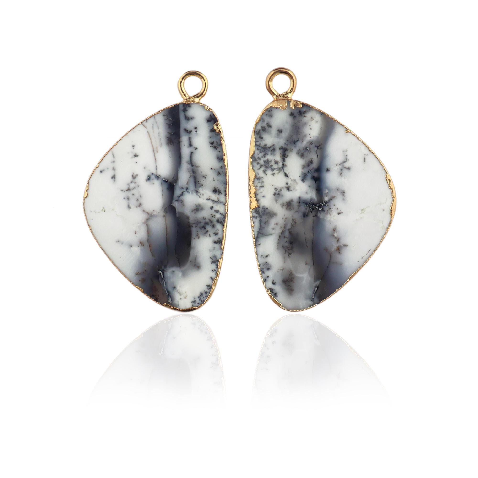 Gold Electroplated Dendrite Opal Earring Connectors, Single Bail Charms Jewelry Pair