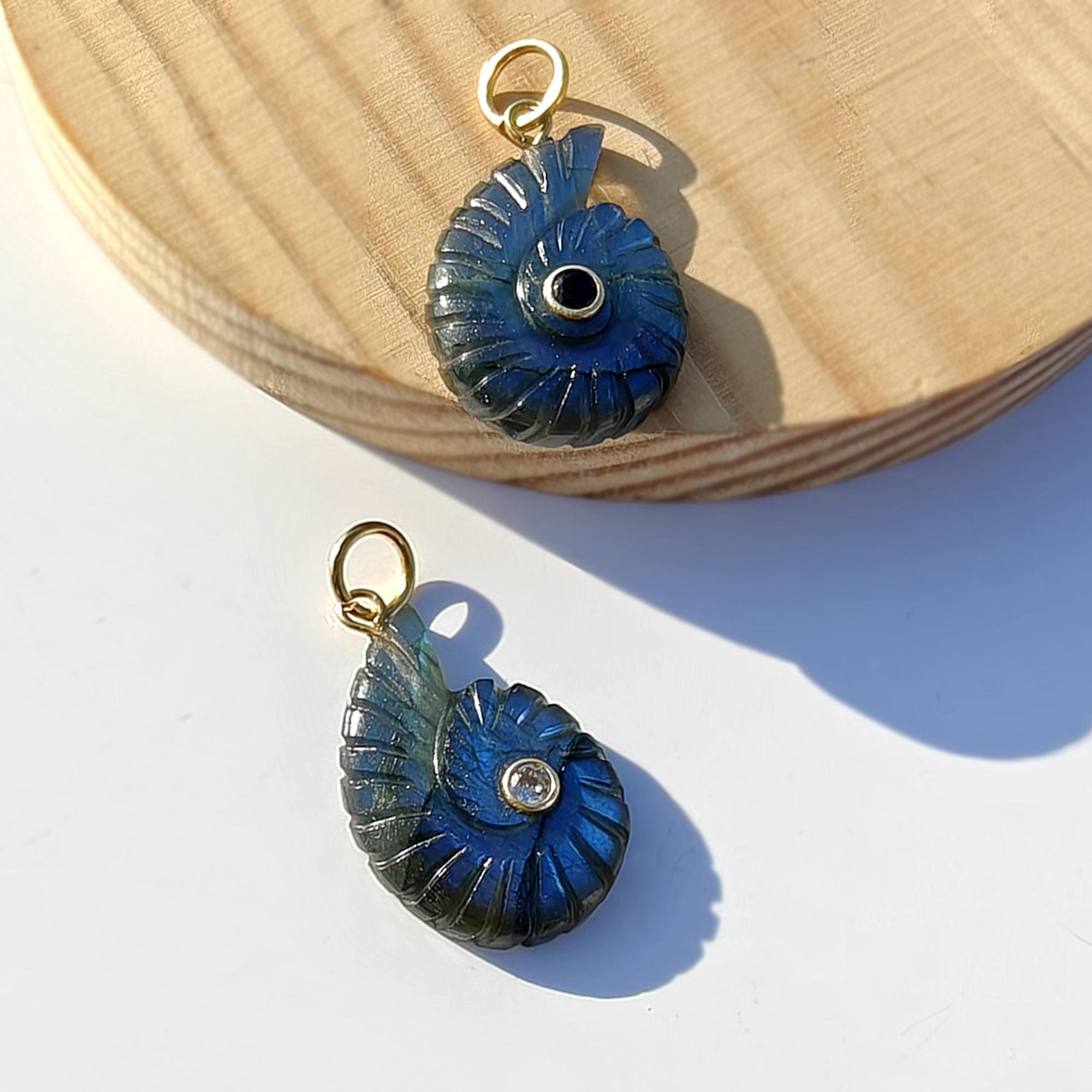 Labradorite Ammonite Carved Pendant Charms, Tiny Emerald