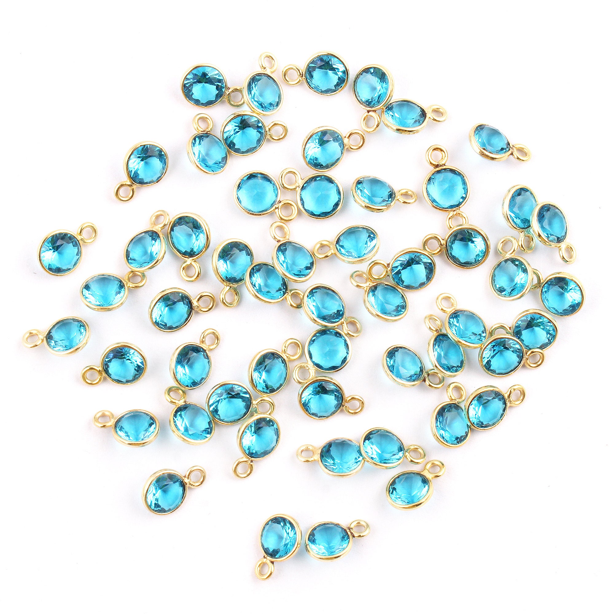 Swiss Blue Quartz Gold Plated Connectors, 6mm Round Faceted Cut Gemstone