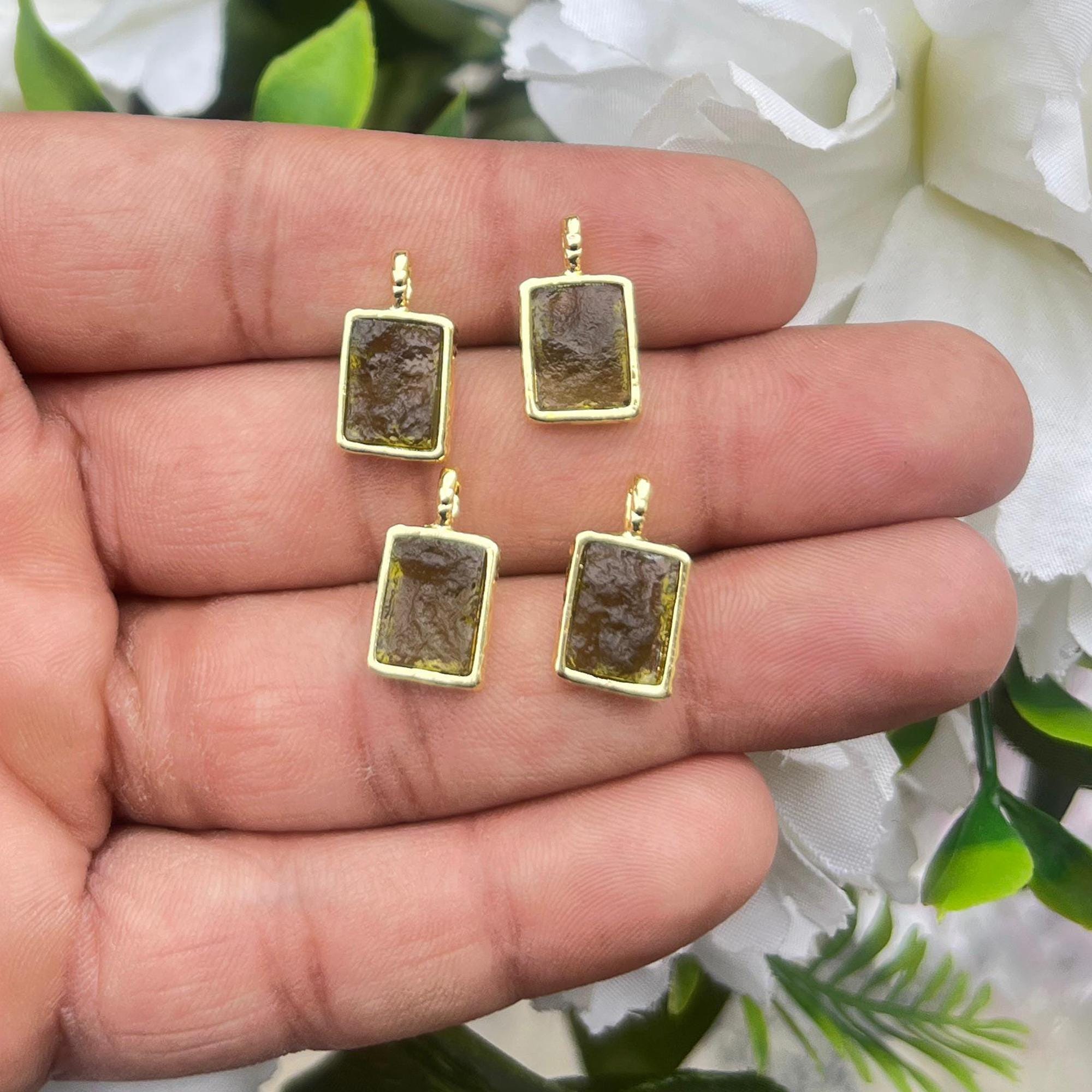 Gold Plated Moldavite Rectangle Pendant Charm, Raw Crystal Connector One Pcs