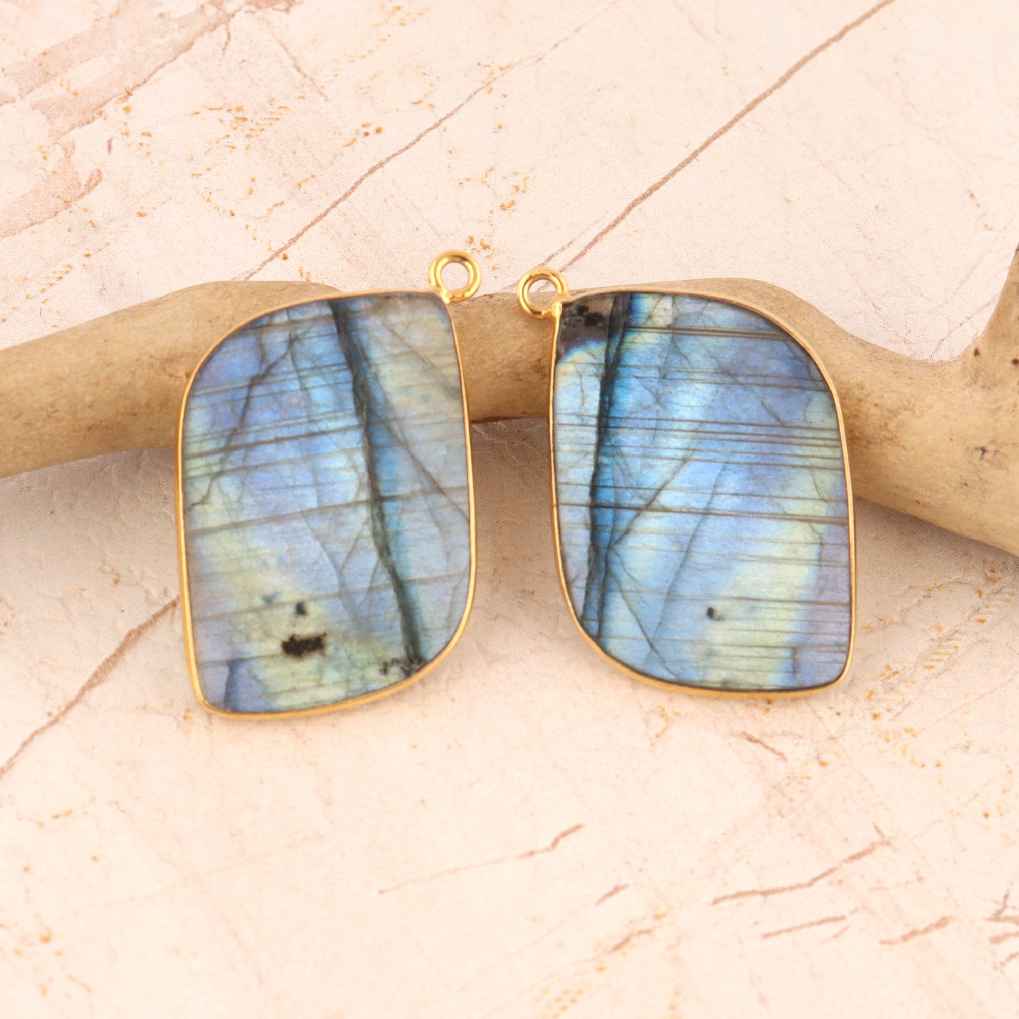 Labradorite Slice Cut Earring Pair, Gold Plated Bezel Set Single Bail Connector