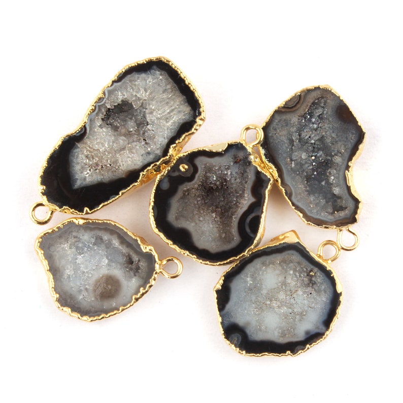 Black Geode Druzy Genuine Geode Druzy Gold Plated Pendant Connectors Single Bail Geode Druzy Components 5 pcs DIY Pendant Connectors