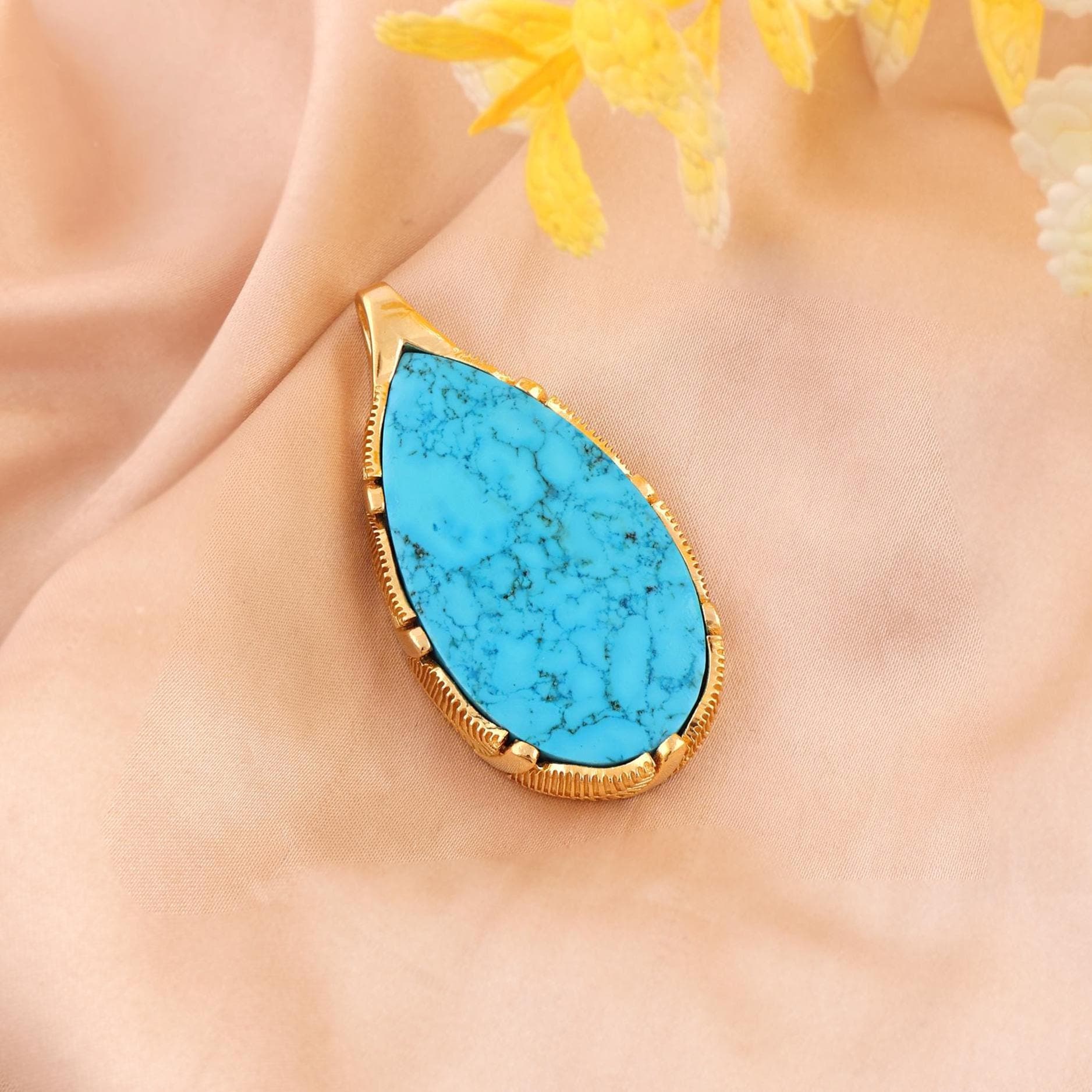 Turquoise Long Pear Shape Necklace Pendant, Gold Plated Gemstone Deisgner