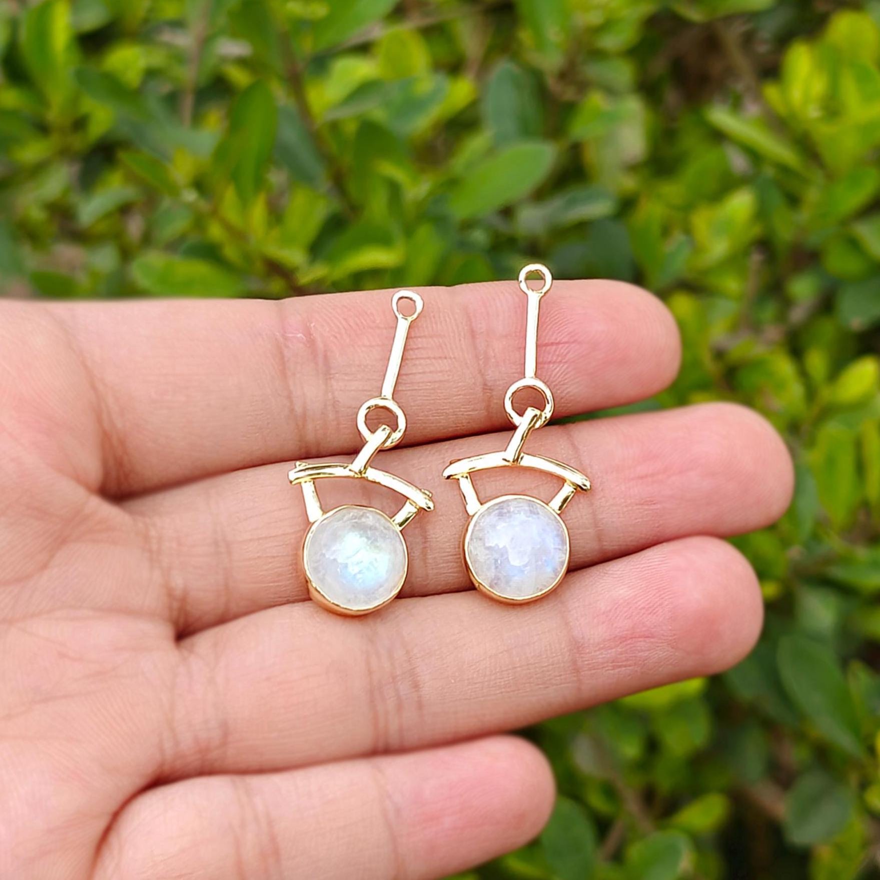 Natural Blue Flashy Rainbow Moonstone Earring Connector Gold Plated