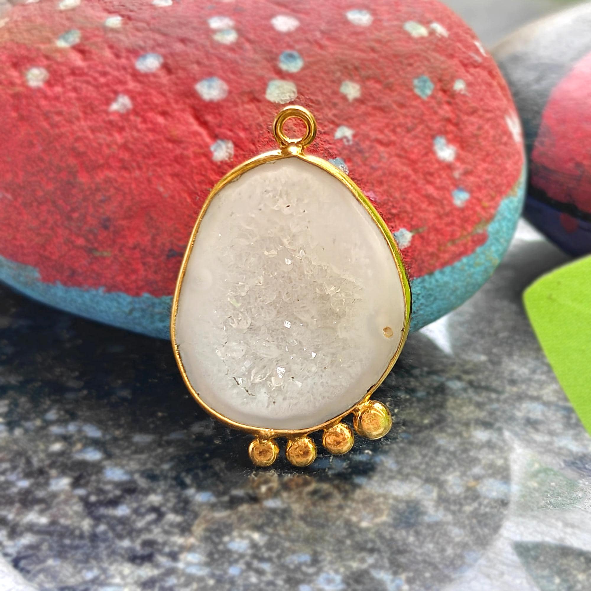 Geode Druzy Gemstone Charm Connector, Gold Plated Bezel Setting Designer
