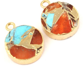 Mohave Copper Turquoise Gold Plated Earrings Pair Connectors, DIY Earring, Compressed Gemstone, Round Earring, Finding Jewelry Supplies