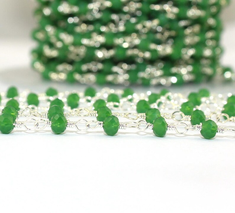 Wire Wrapped Rosary Chain Chain By Foot 3-3.5 mm Faceted Green Onyx Silver Plated Rosary Chain Beaded Chain Finding Beads Supplies