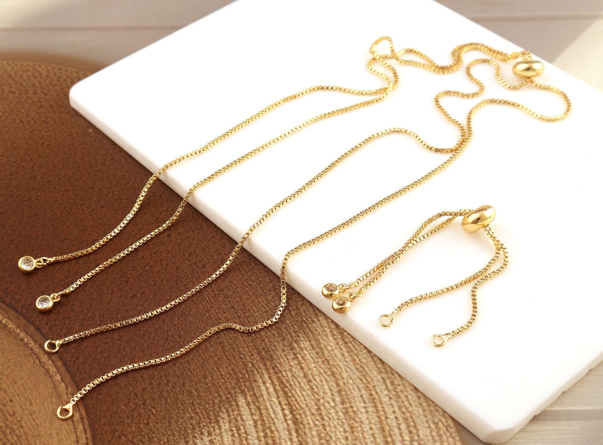 Gold Plated Adjustable Bolo Bracelet, 32” Necklace Box Chain Jewelry